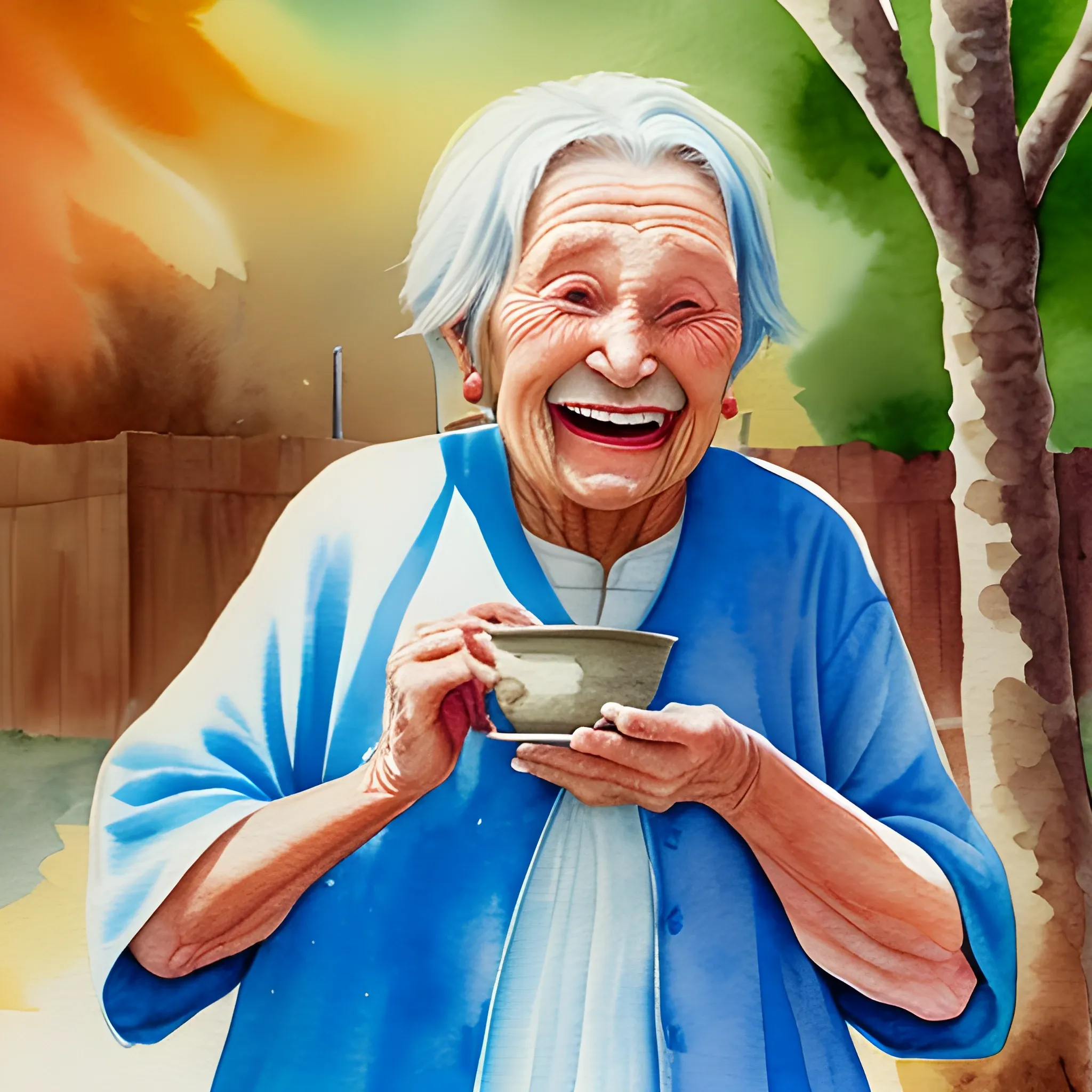 an old grandmother with big laugh in her face, she has no tooth, walking to me, there is a bowl in her hand. , Water Color