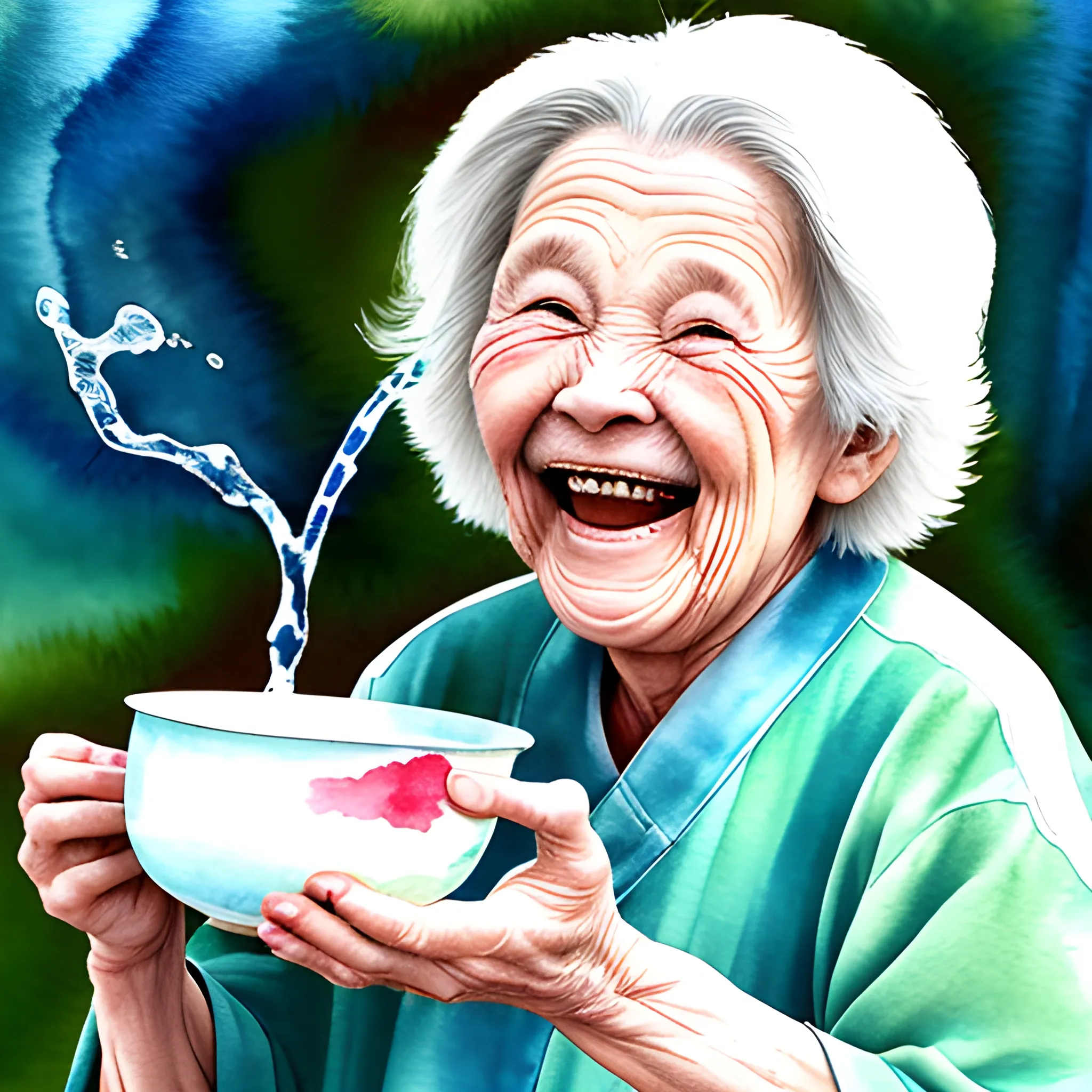 an old grandmother with big laugh in her face, she has no teeth, walking to me, there is a bowl in her hand, chinese , Water Color