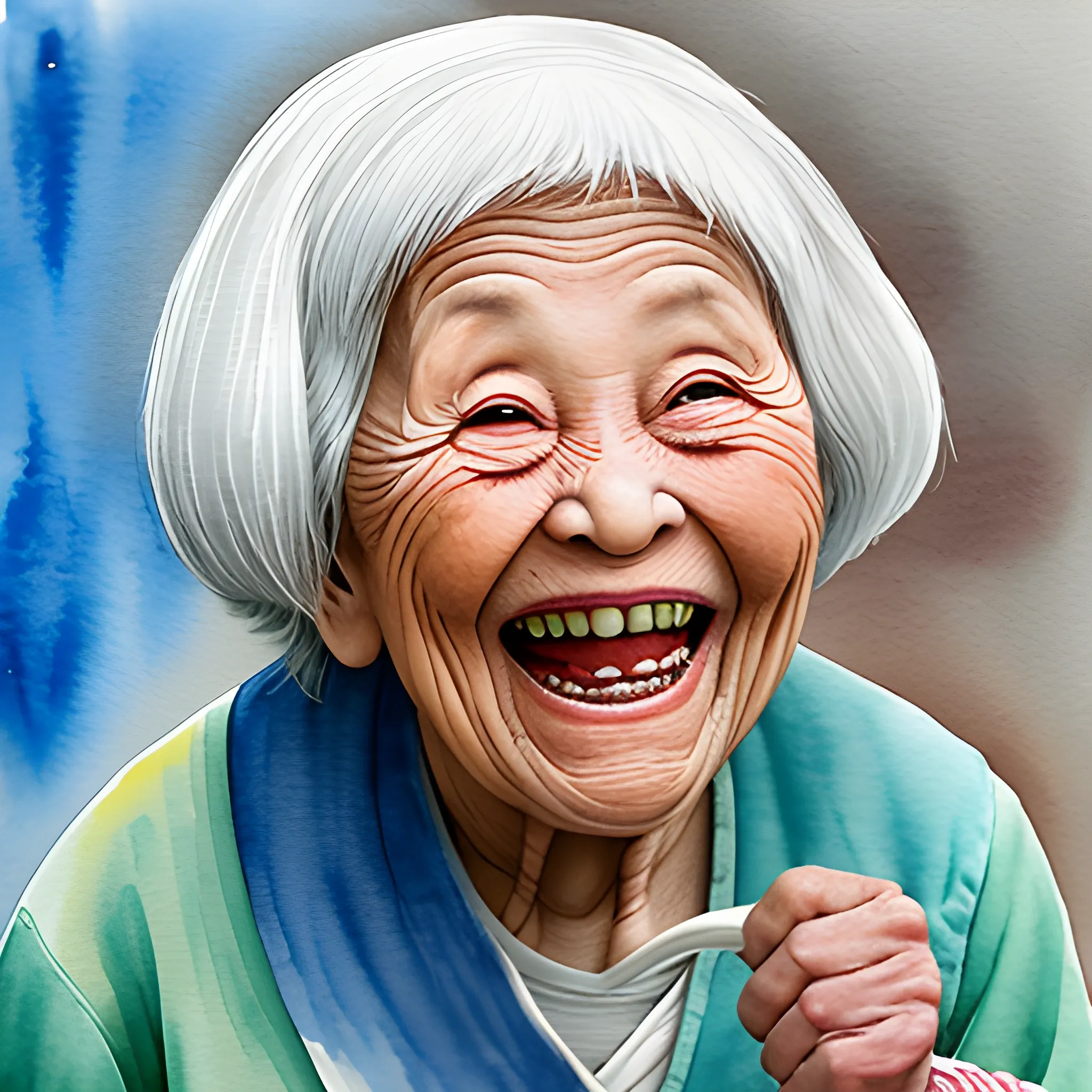 an old grandmother with big laugh in her face, she has no teeth, walking to me, there is a bowl in her hand, she is a Chinese.
, Water Color