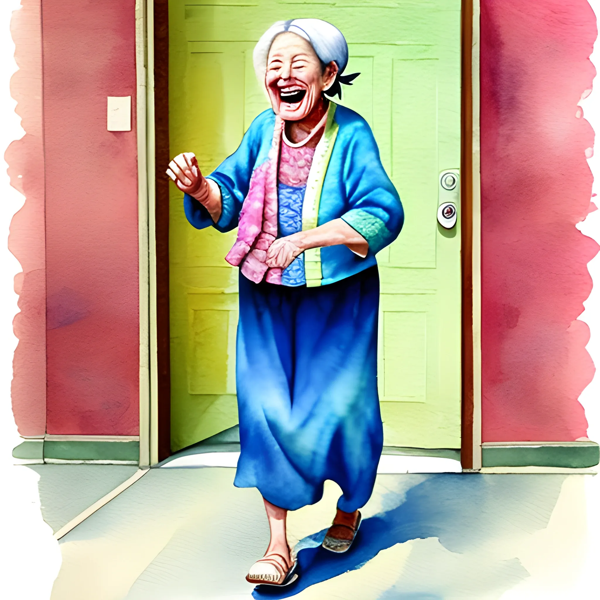 an old grandmother with big laugh in her face, no one teeth, walking to the doorway, there is a bowl in her hand, she is a Chinese.
, Water Color