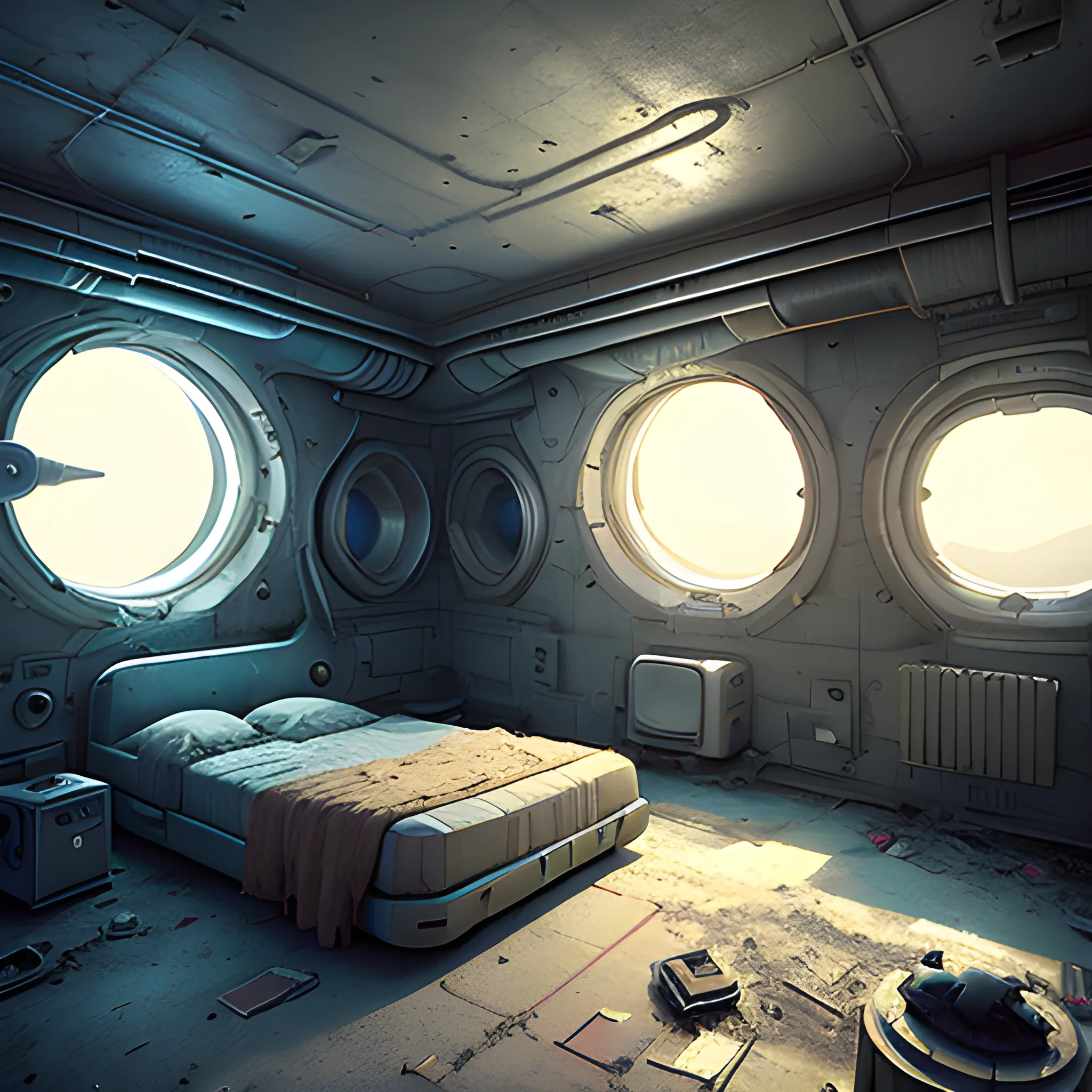 a room with a bed and a window, a detailed matte painting by Filip Hodas, cgsociety, photorealism, post apocalyptic room interior, inside abandoned space ship, room of a spacecraft