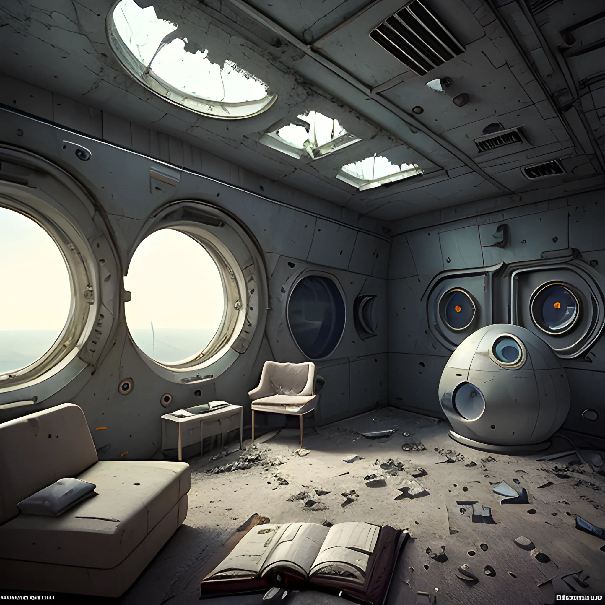 a room with a bed and a window, a detailed matte painting by Filip Hodas, cgsociety, photorealism, post apocalyptic room interior, inside abandoned space ship, room of a spacecraft