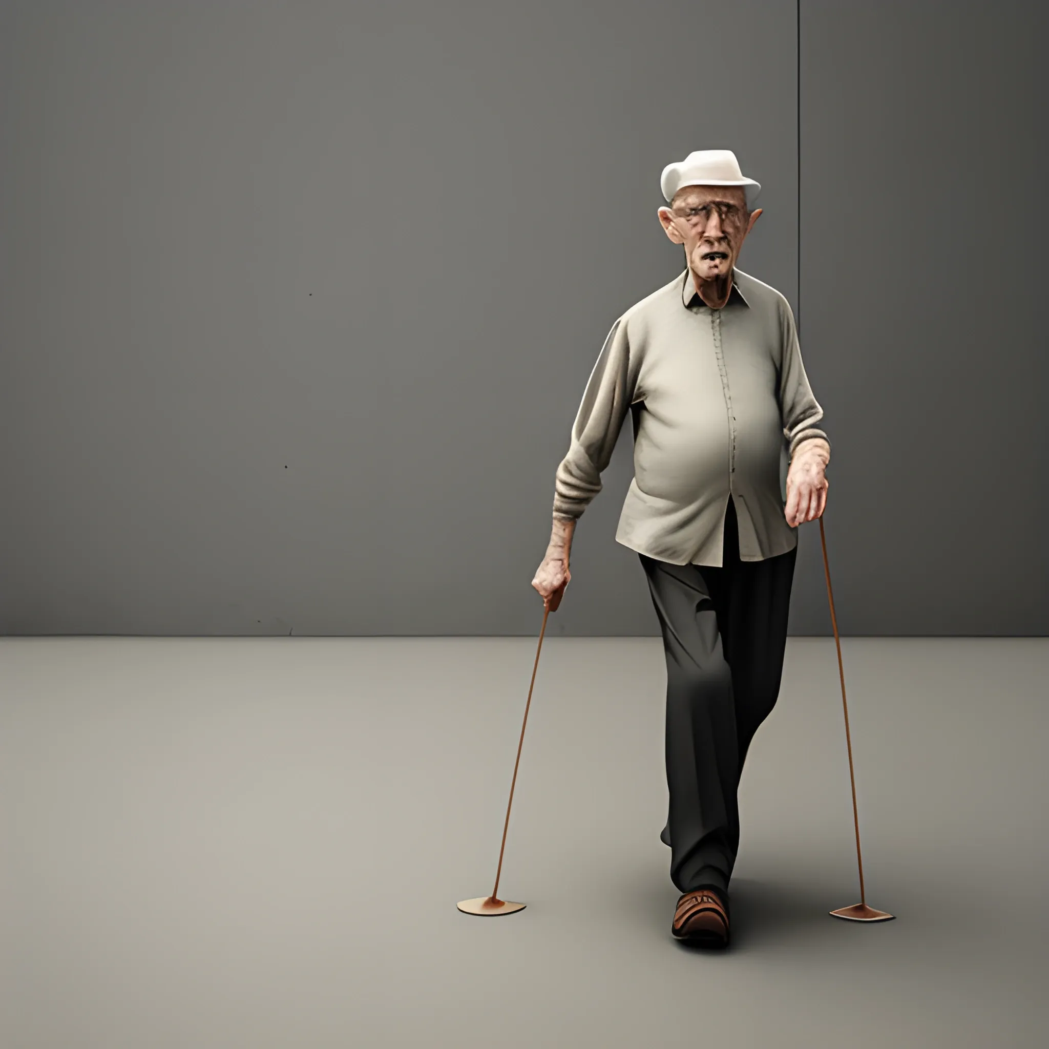 a frail old man walking on a irregular surface trying to mantain balance, photorealistic, portrait