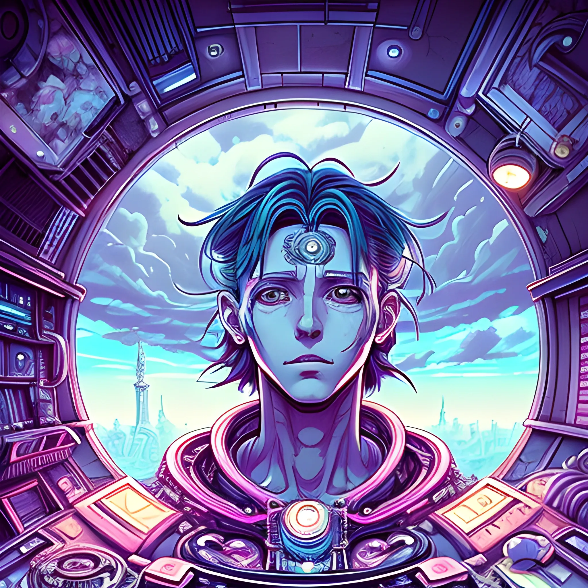 Beautiful portrait of john doe floating in the sky, surrounded by clouds, with soft lighting that highlights the intricate details of the face. The portrait is in an imaginative fantasy concept art style by Oda, with a cyberpunk twist. The environment is detailed and intricate, with neon lights and futuristic buildings in the background. The portrait is in sharp focus, and the overall style is reminiscent of vintage 90's anime. The artwork is perfect for environmental arcade art or as a concept art for a video game.