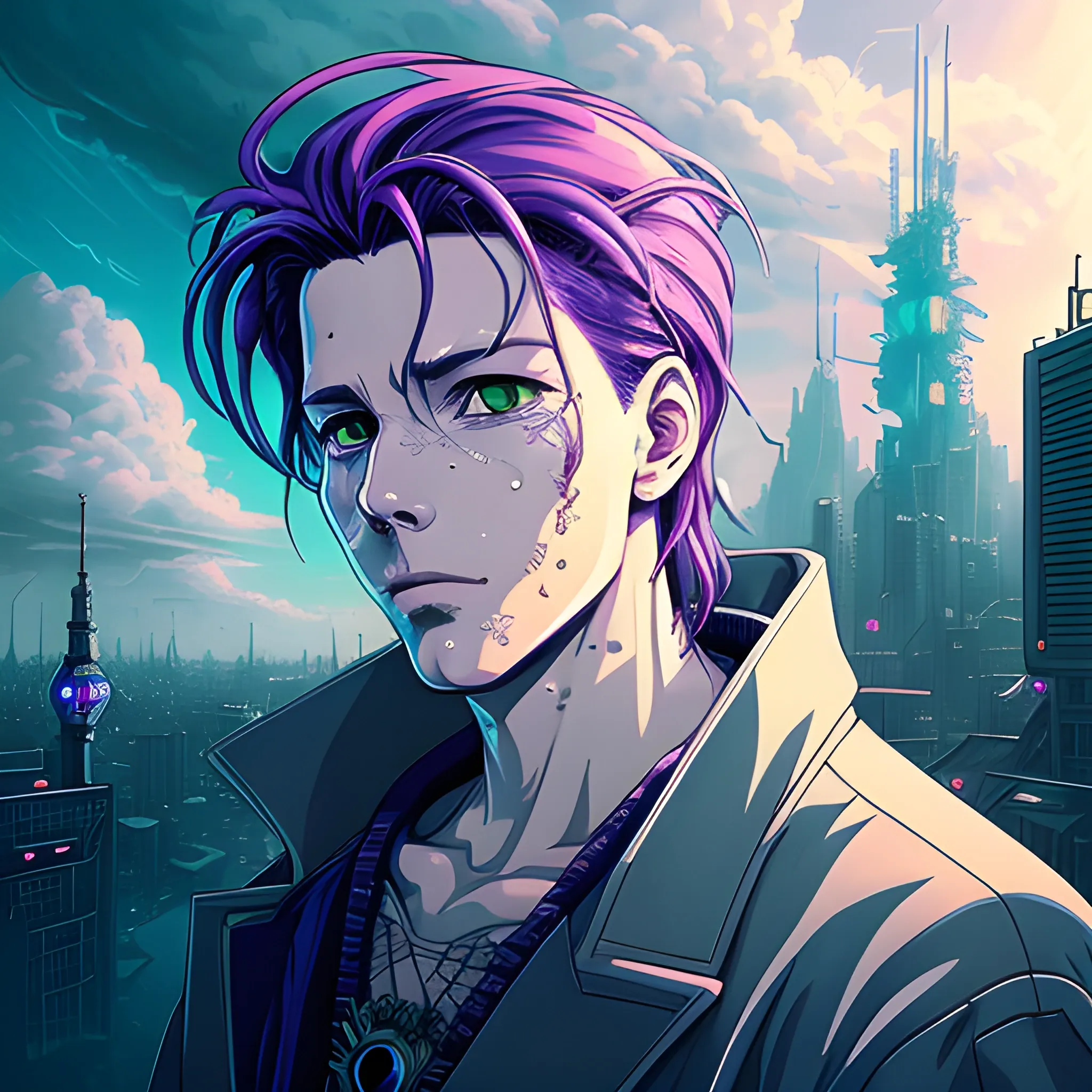 portrait of john doe floating in the sky, surrounded by clouds, with soft lighting that highlights the intricate details of the face. The portrait is in an imaginative fantasy concept art style by Oda, with a cyberpunk twist. The environment is detailed and intricate, with neon lights and futuristic buildings in the background. The portrait is in sharp focus, and the overall style is reminiscent of vintage 90's anime. The artwork is perfect for environmental arcade art or as a concept art for a video game.