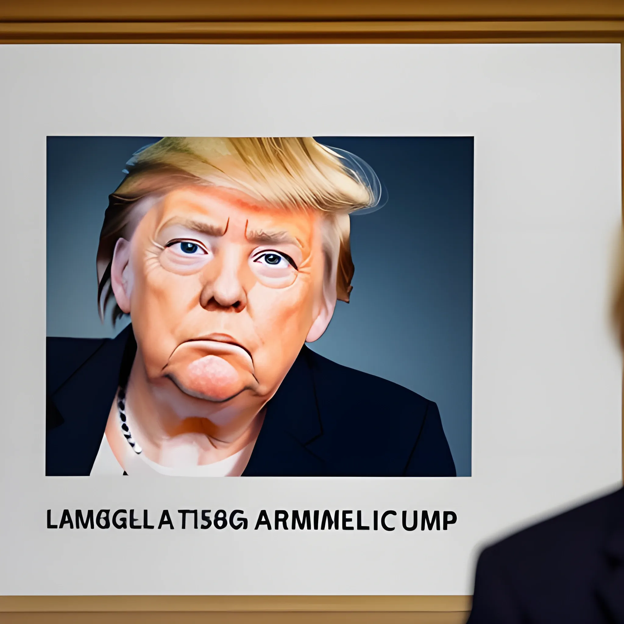 G7 photo of Angela Merkel facing Trump with Trump's face replaced by mugshot