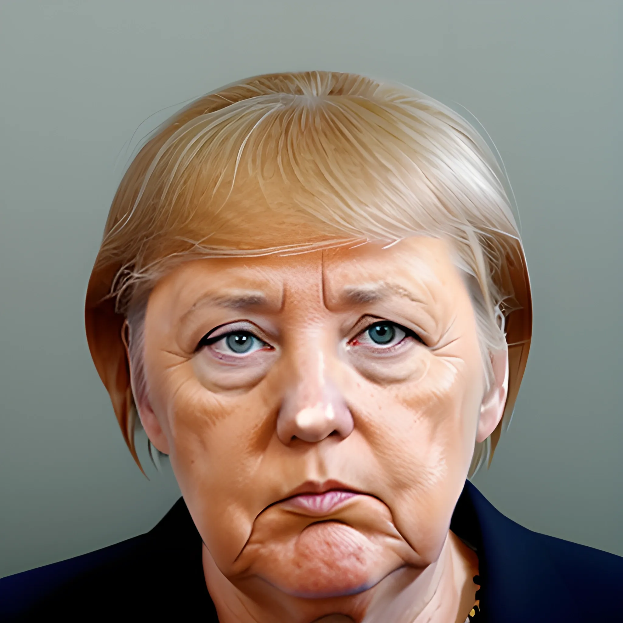 G7 photo of Angela Merkel facing Trump with Trump's face replaced by mugshot