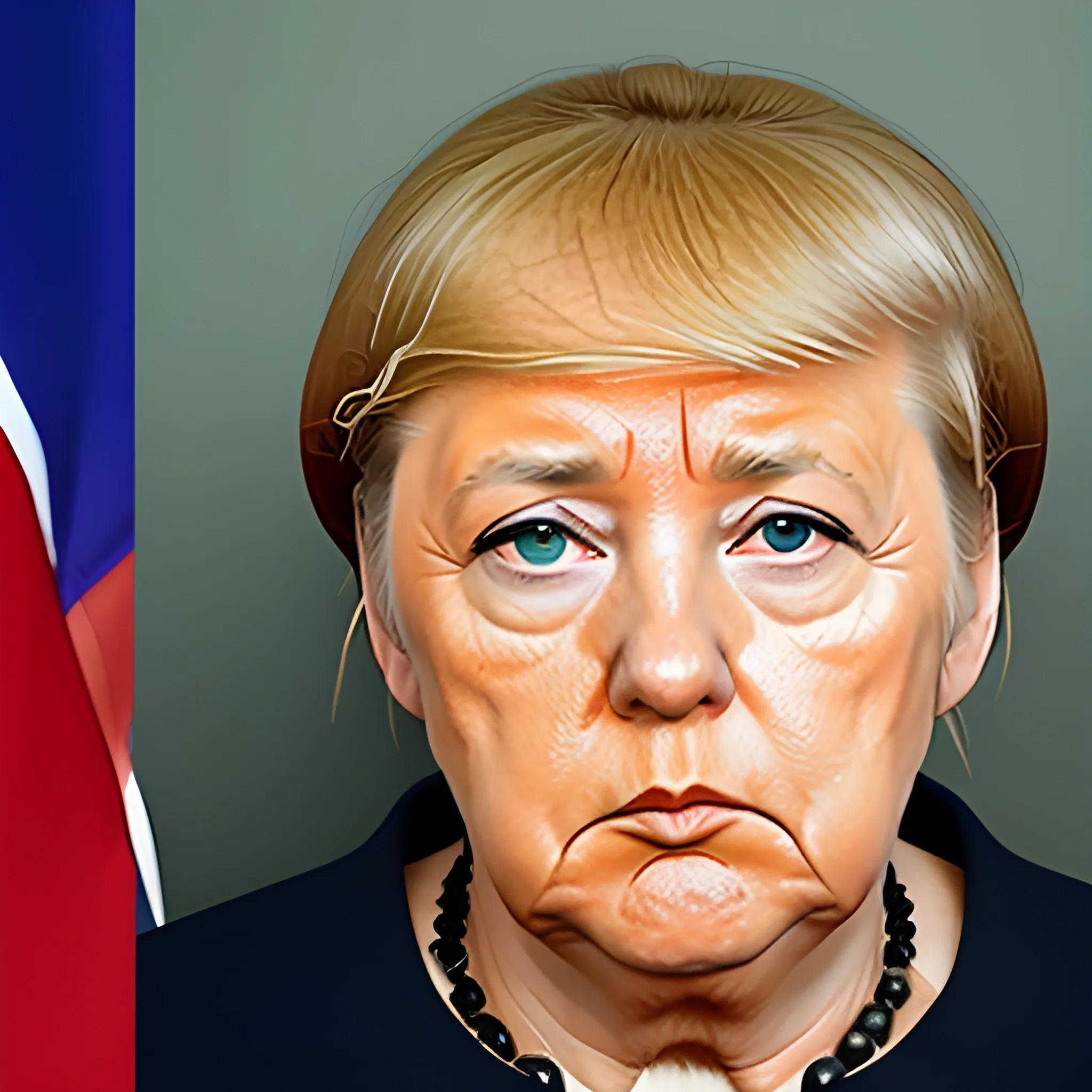 G7 photo of Angela Merkel facing Trump with Trump's face replaced by mugshot