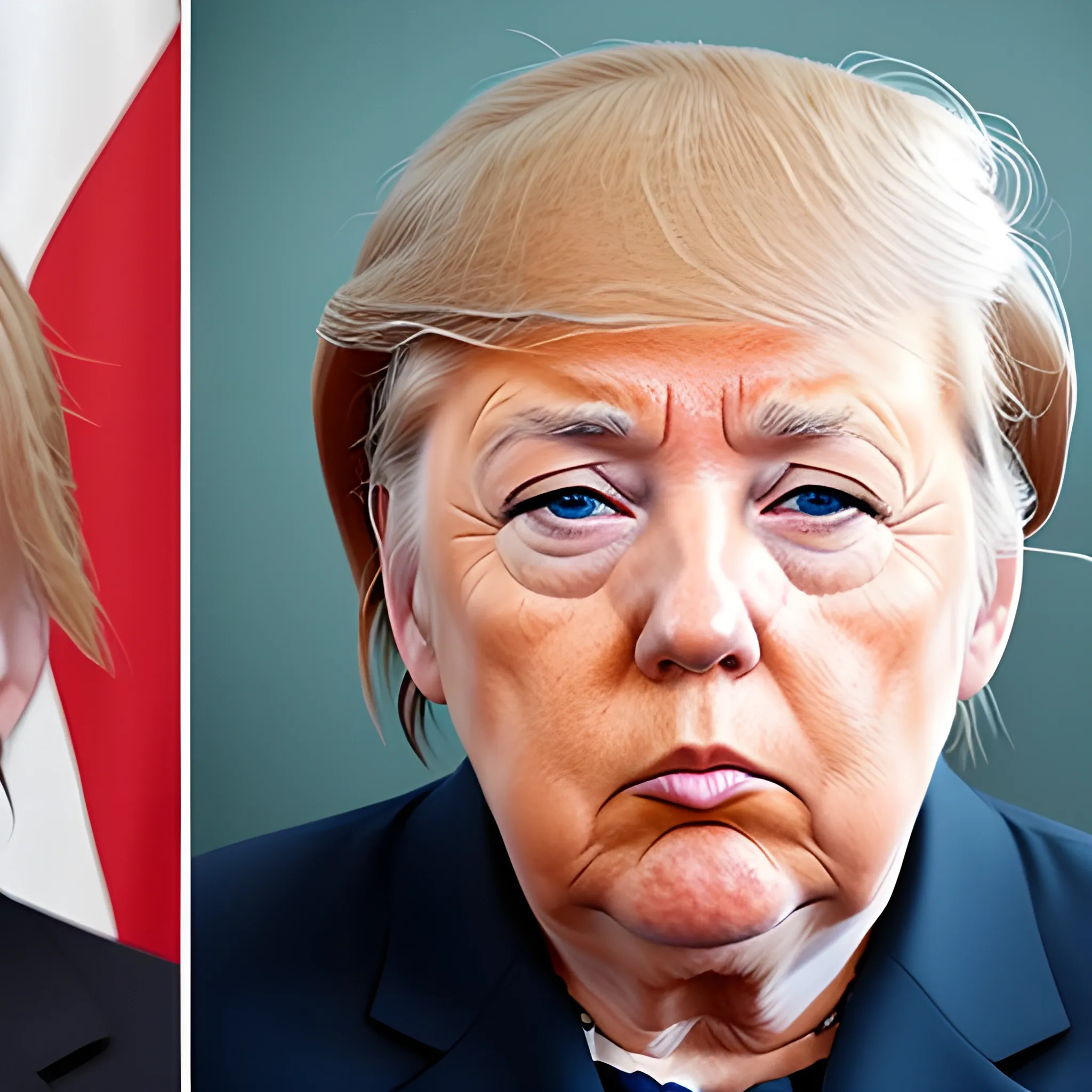 G7 photo of Angela Merkel facing Trump with Trump's face replaced by mugshot