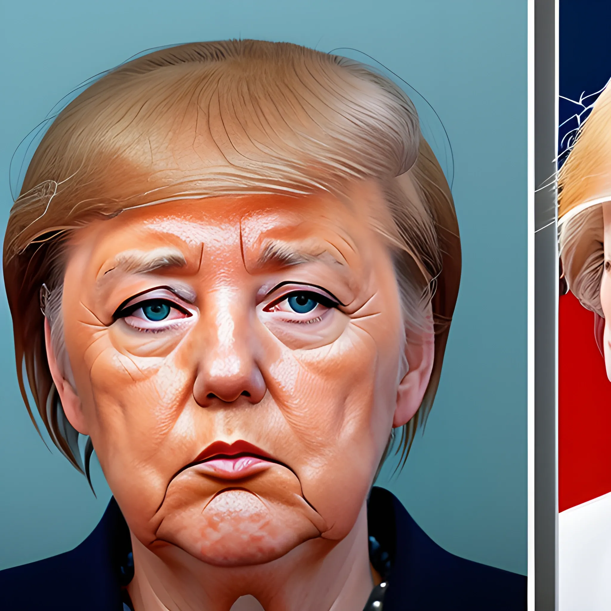 G7 photo of Angela Merkel facing Trump with Trump's face replaced by mugshot