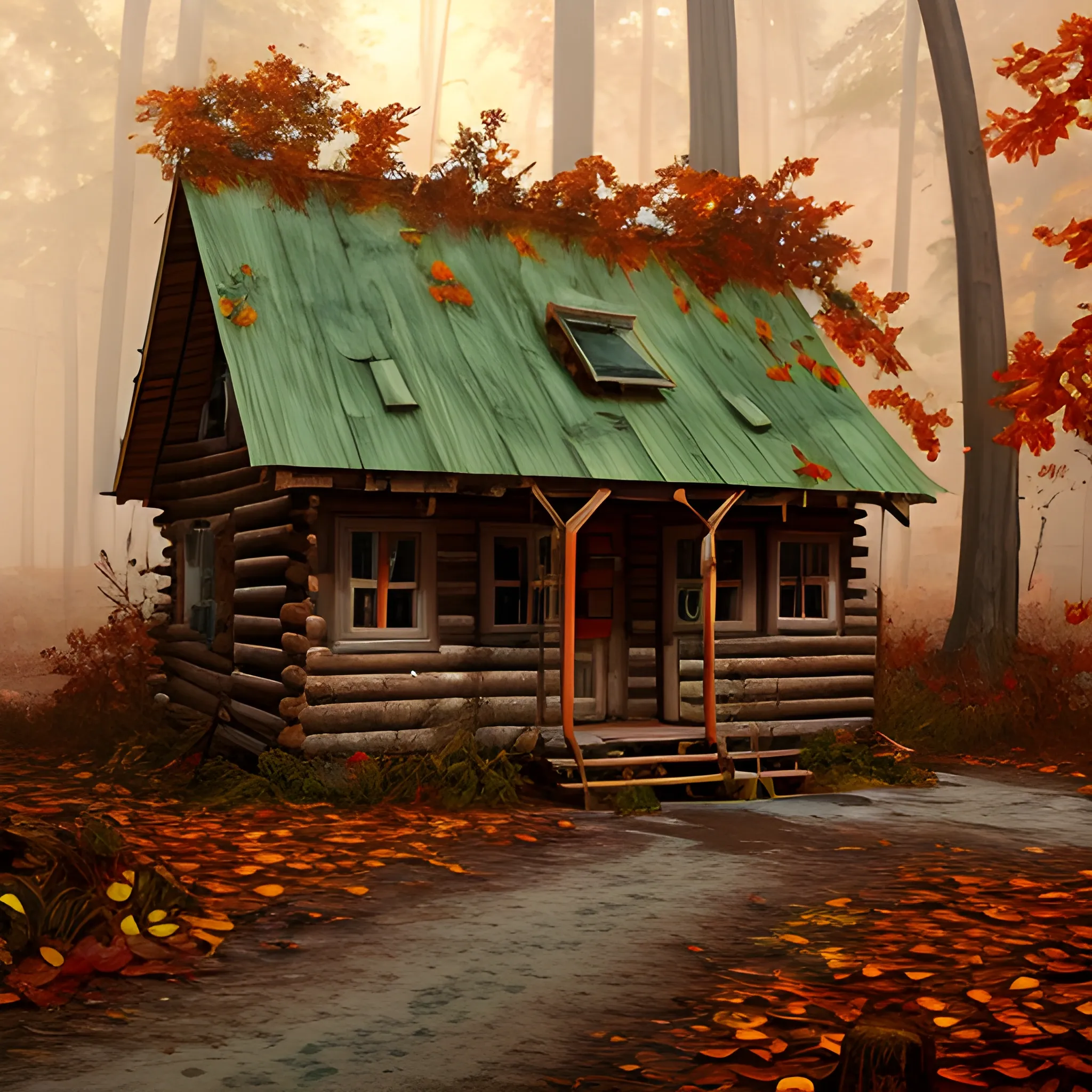 an abandoned wooden cabin with vines, in the middle of an abandoned forest, full of mist, fallen leaves and fall colors, 3D, Oil Painting