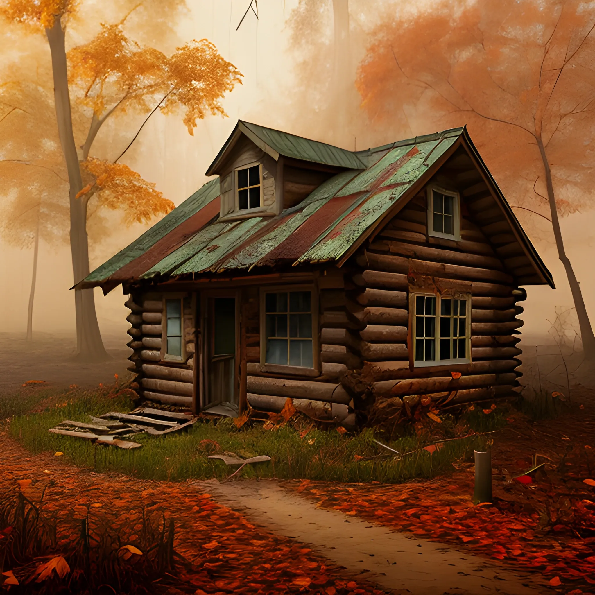 an abandoned wooden cabin with vines, in the middle of an abandoned, misterious, dark forest, full of mist, fallen leaves and fall colors, 3D, Oil Painting