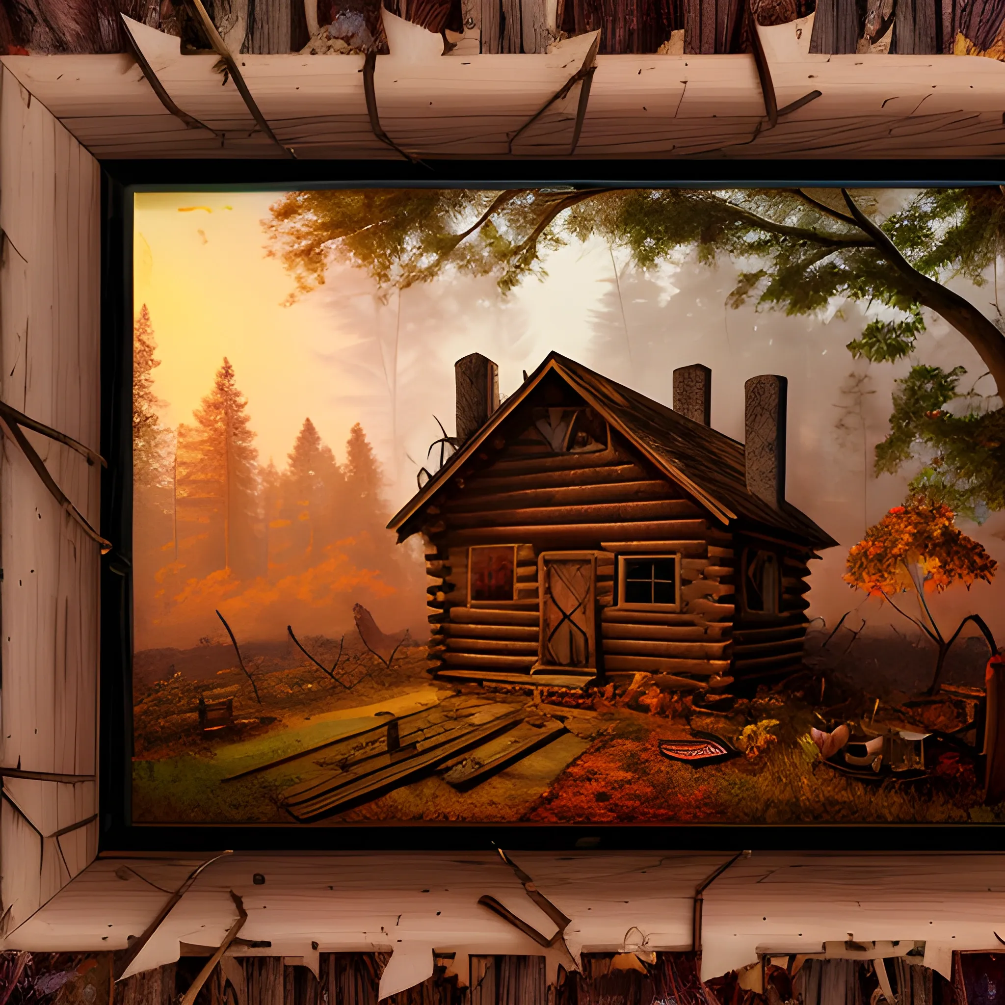 an abandoned wooden cabin with vines, in the middle of a mysterious and dark abandoned forest, full of mist, fallen leaves and fall colors, at sunset, with an owl among the trees and an ax among the logs, Oil Painting, 3D, Cartoon