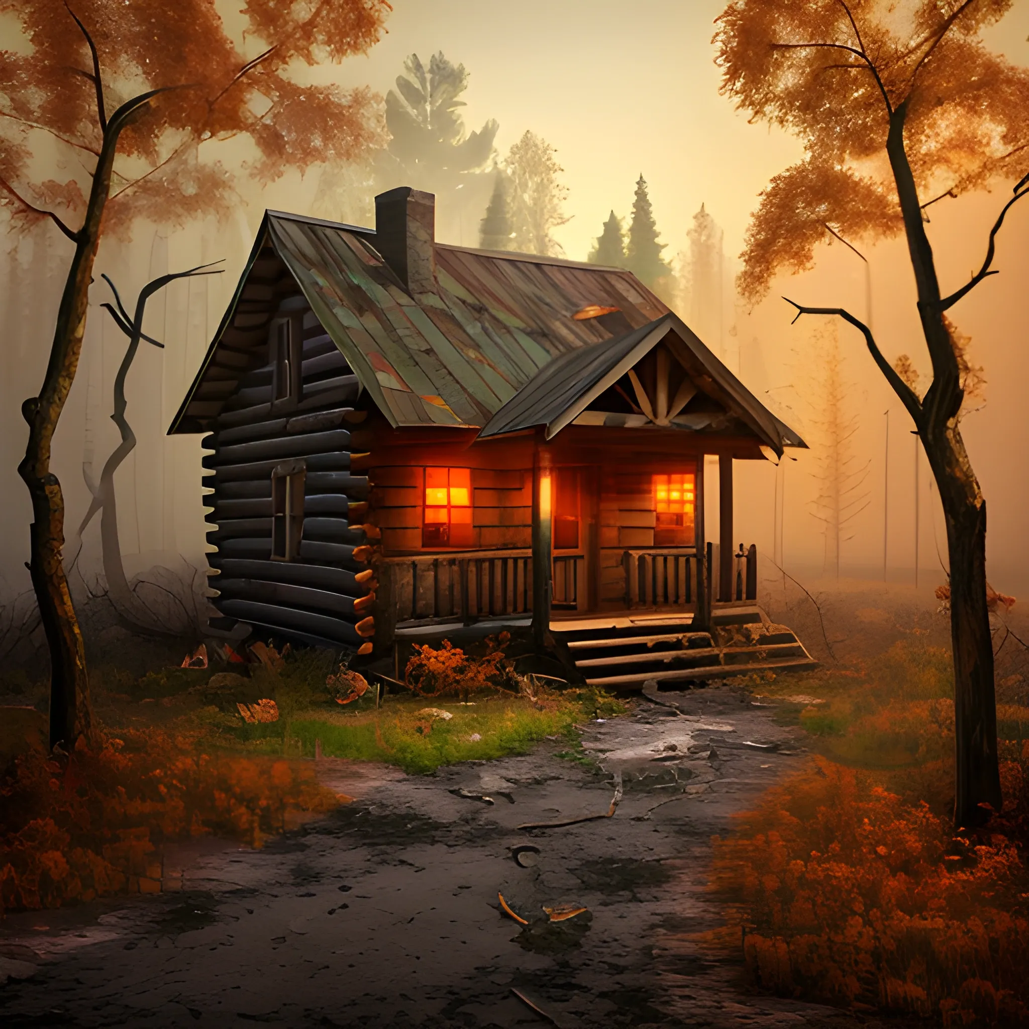 an abandoned wooden cabin with vines, in the middle of a mysterious and dark abandoned forest, full of mist, fallen leaves and fall colors, at sunset, with an owl among the trees and an ax among the logs, Oil Painting, 3D
