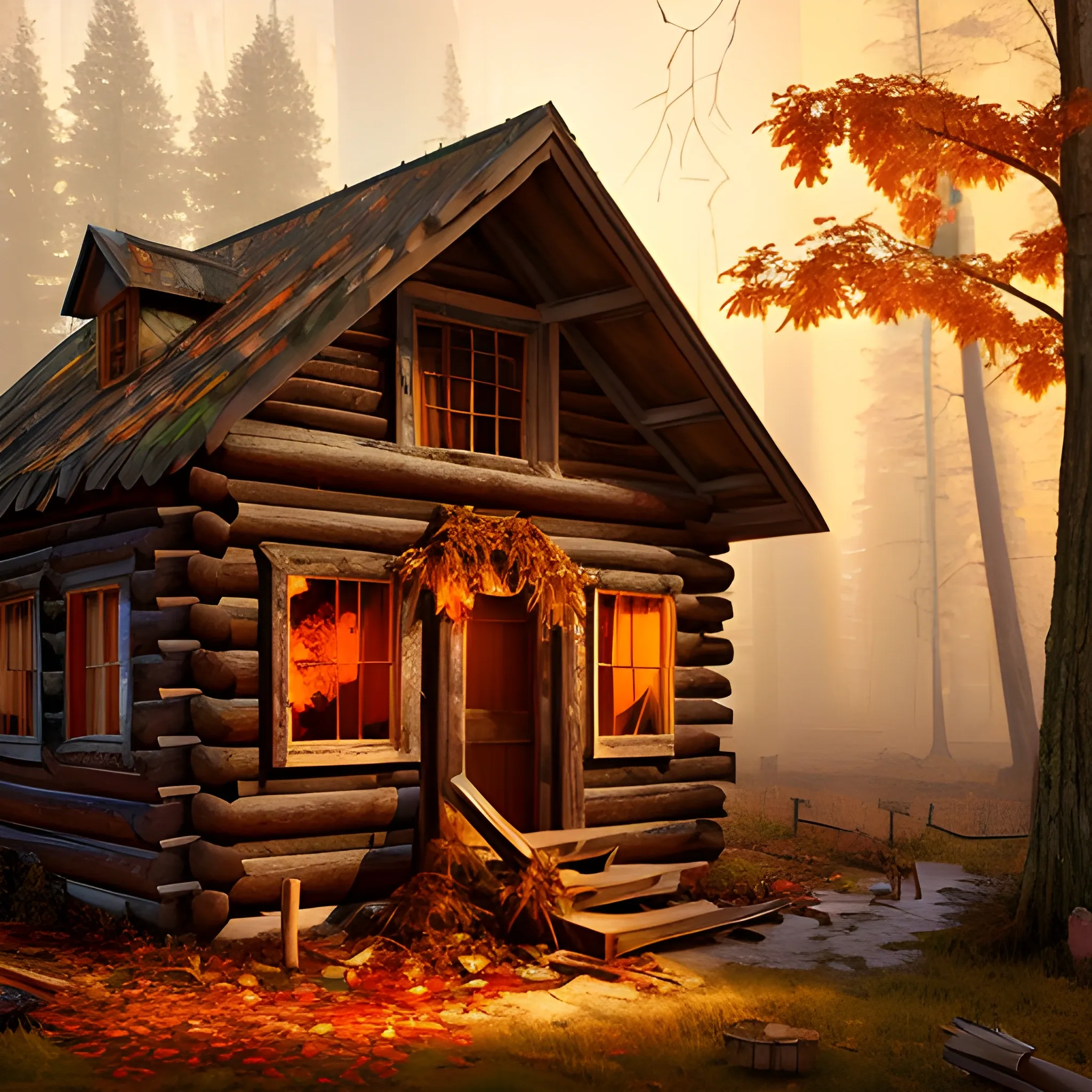 an abandoned wooden cabin with vines, in the middle of a mysterious and dark abandoned forest, full of mist, fallen leaves and fall colors, at sunset, with an owl among the trees and an ax among the logs, Oil Painting, , 3D