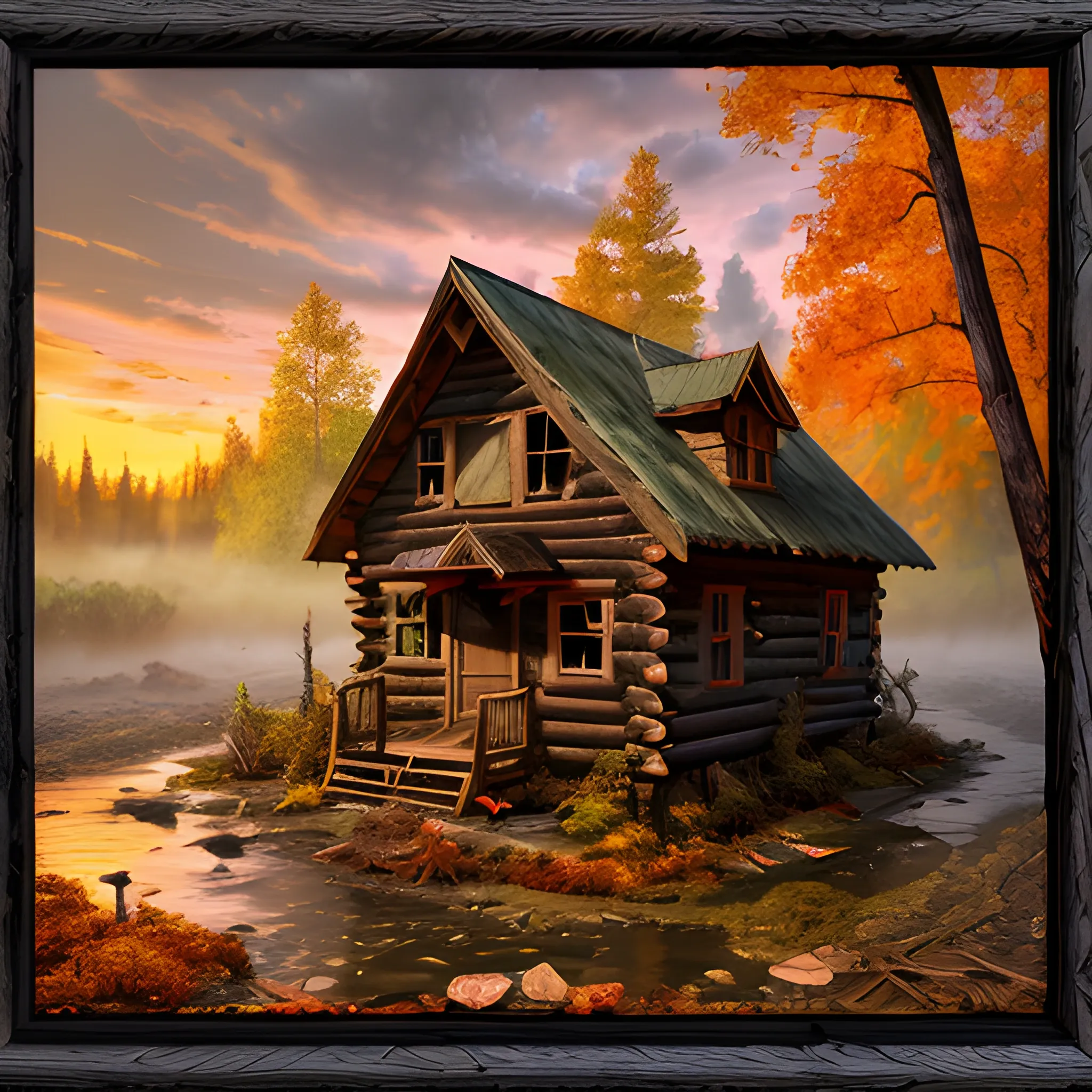 an abandoned wooden cabin with vines, in the middle of a mysterious dark abandoned forest, full of mist, fallen leaves and fall colors, at sunset, with an owl among the trees and an ax among the logs, a river with fish and rocks next door, oil painting, 3D