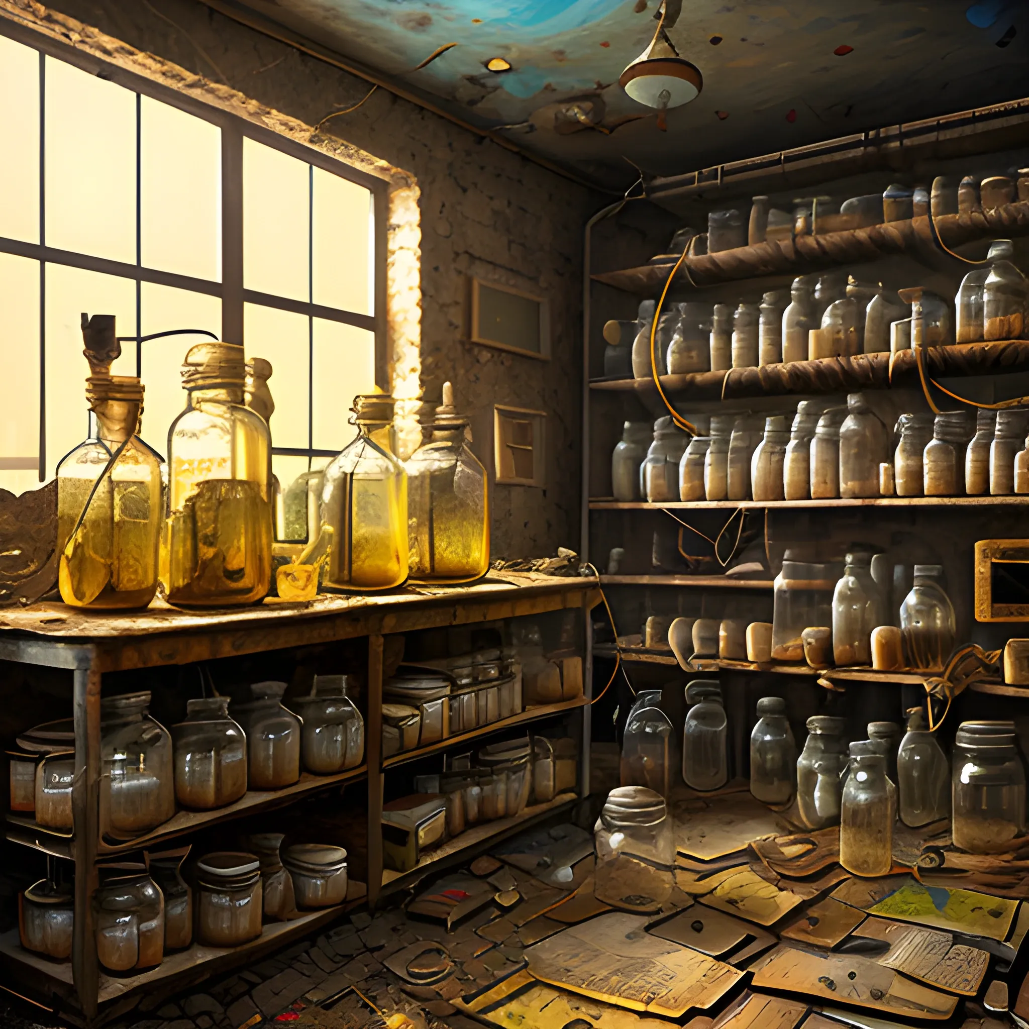 a basement full of inventions with transparent jars, abandoned and old machines, with cobwebs and yellowed books, Oil Painting, 3D