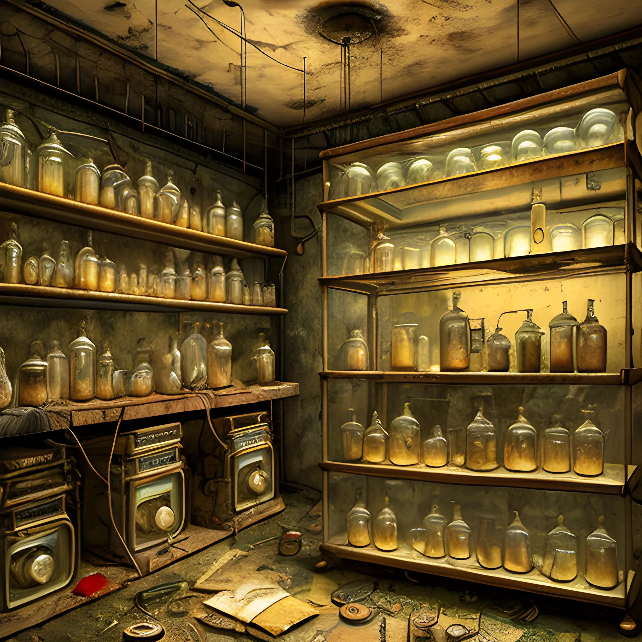 a basement full of inventions with transparent jars, abandoned and old machines, with cobwebs and yellowed books, watches, microscopes, scalpels, scissors, knives, in the style of sherlock holmes, Oil Painting, 3D