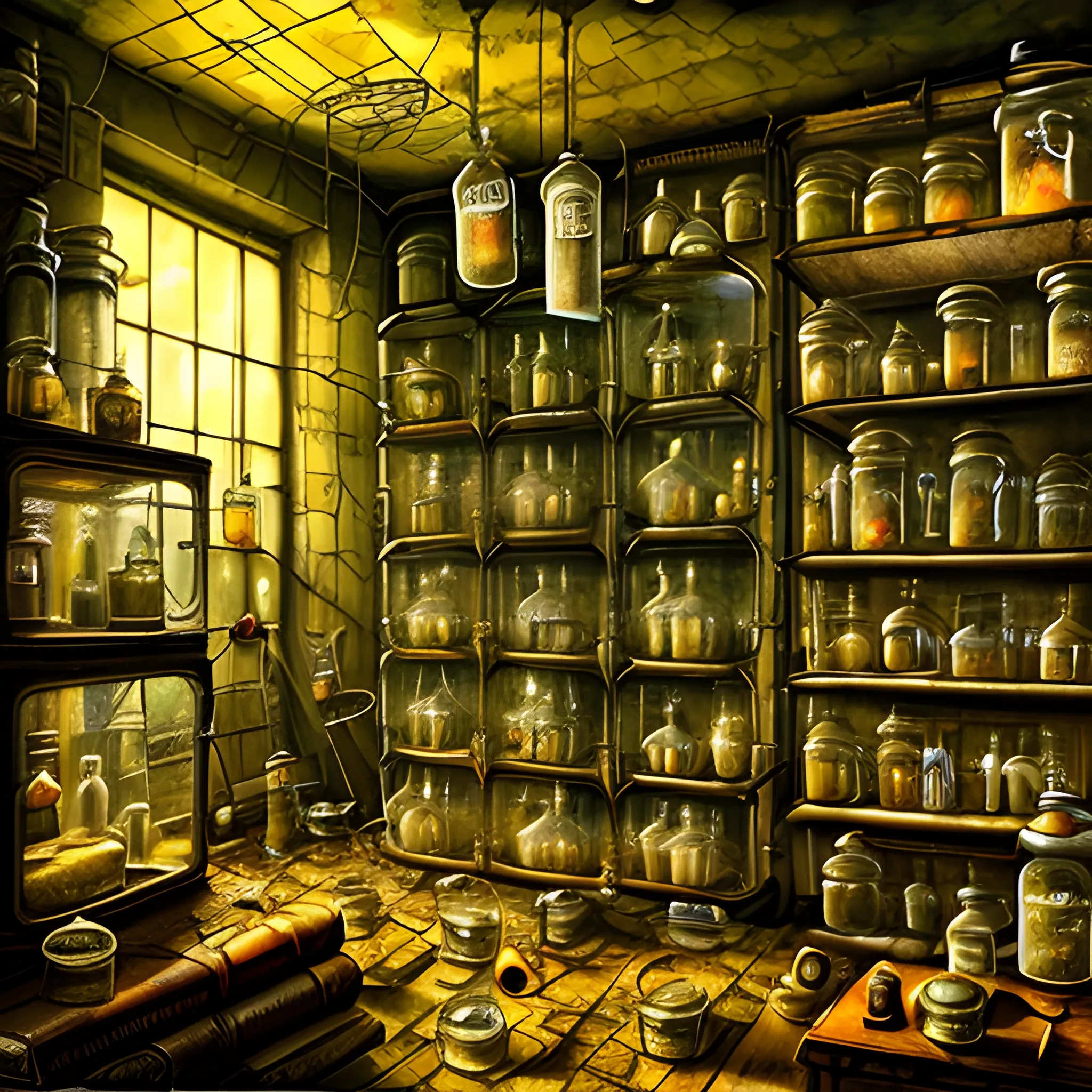 a basement full of inventions with transparent jars where they have frogs or some body parts, abandoned and old machines, with cobwebs and yellowed books, watches, microscopes, scalpels, scissors, knives, in the style of Sherlock Holmes, 3D, Oil Painting