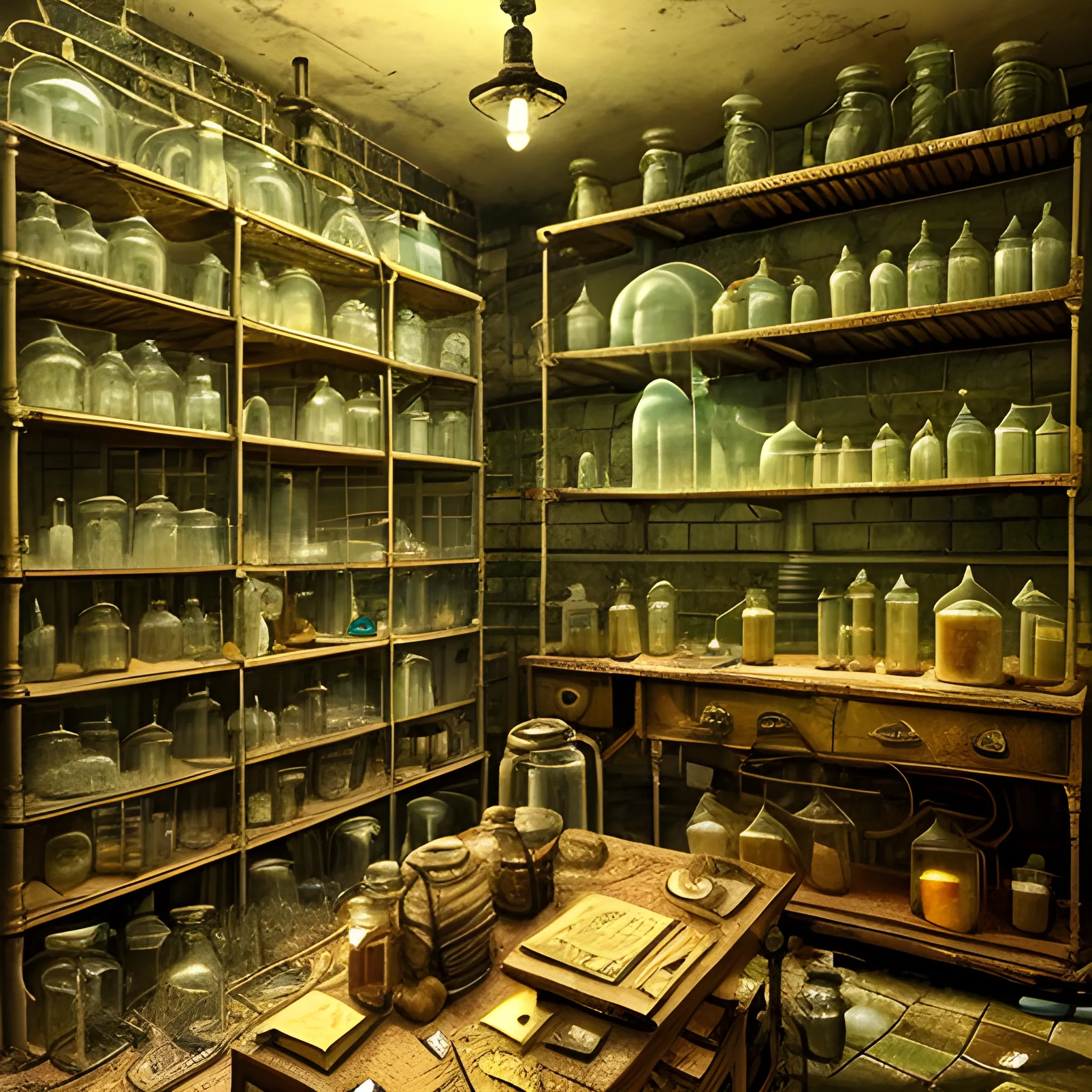 a basement full of inventions with transparent jars where they have frogs or some body parts, abandoned and old machines, with cobwebs and yellowed books, watches, microscopes, scalpels, scissors, knives, in the style of Sherlock Holmes, 3D