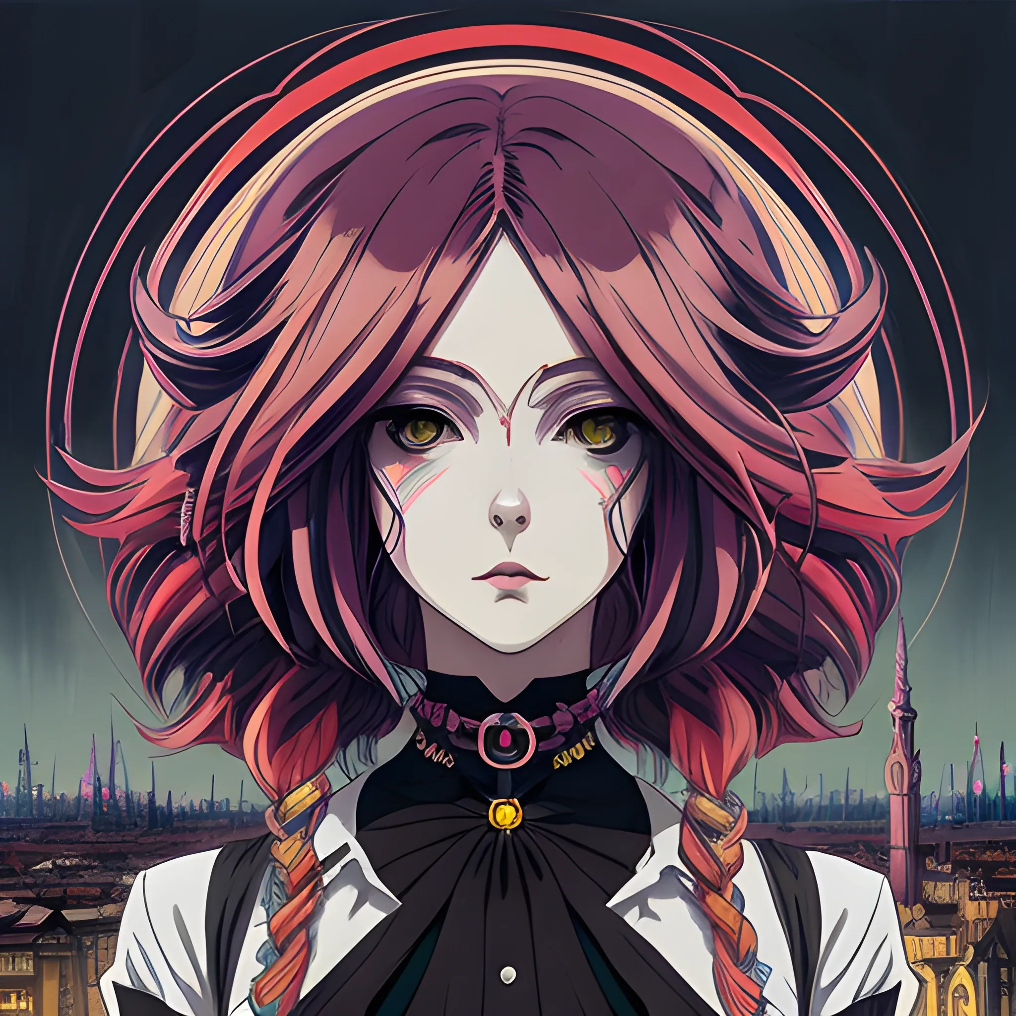 An image of a color hair woman wearing choker in a manga art, anime style character style Art Nouveau painting, red and sillver colors,  true aesthetics, gothic fashion shot of a beautiful modern woman posing in front of a psychedelic art nouveau style. classy style polish female, full figure, fit, ellegant tight white shirts, ties, miniskirts,  legs,  cross, long hair, classy,  beautiful faces, manga eyes, open mouth, postapocaliptic city in the background, dark night, art by Greg Rutkowski, acrylic, high contrast, colorful polychromatic, ultra detailed, ultra quality, CGSocietyHighly detailed, highest quality