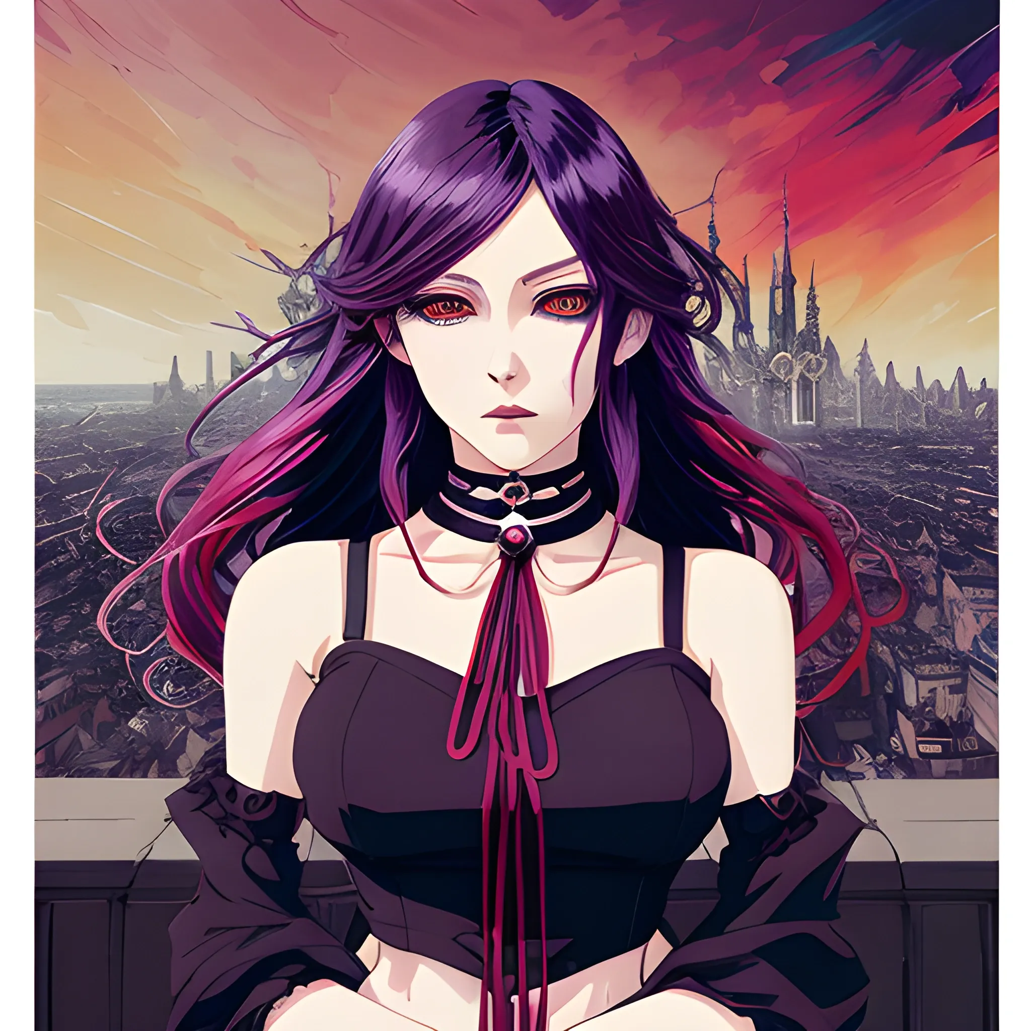 An image of a color hair woman wearing choker in a manga art, anime style character style Art Nouveau painting, red and sillver colors,  true aesthetics, gothic fashion shot of a beautiful modern woman posing in front of a psychedelic art nouveau style. classy style polish female, full figure, fit, ellegant tight white shirts, ties, miniskirts,  legs,  cross, long hair, classy,  beautiful faces, manga eyes, open mouth, postapocaliptic city in the background, dark night, art by Greg Rutkowski, acrylic, high contrast, colorful polychromatic, ultra detailed, ultra quality, CGSocietyHighly detailed, highest quality