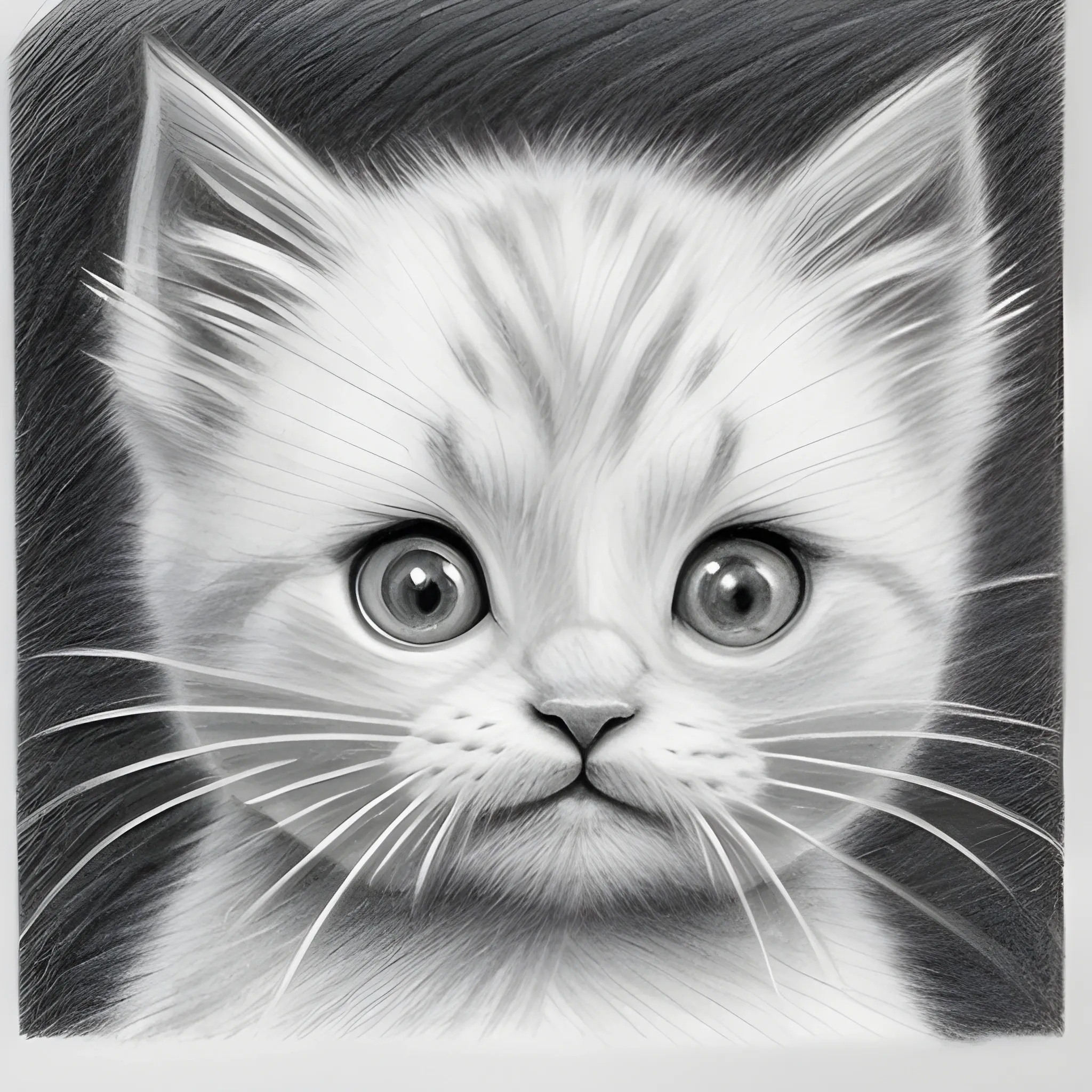 Pencil Sketch, white kitten with puffy cheeks and hair sticking straight up