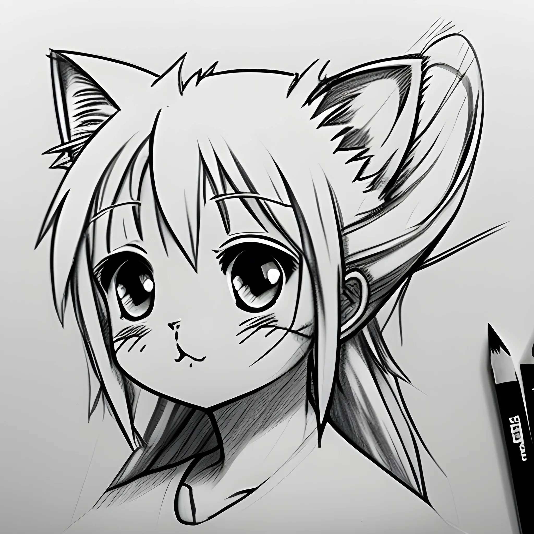 Pencil Sketch, white kitten with puffy cheeks and hair sticking straight up, manga art, anime style