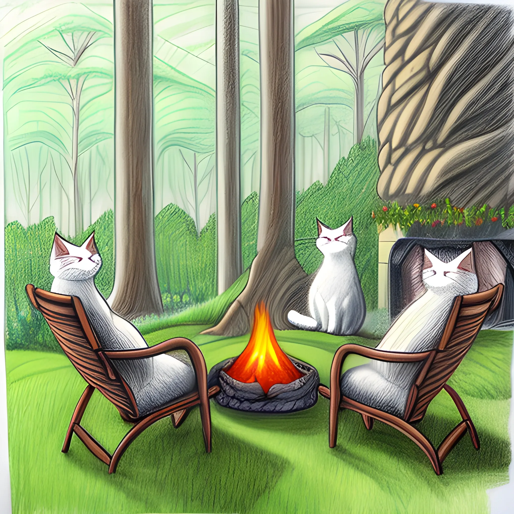Pencil Sketch, cats cozy fireplace girl meadow forest trees gentle breeze laughing happy 