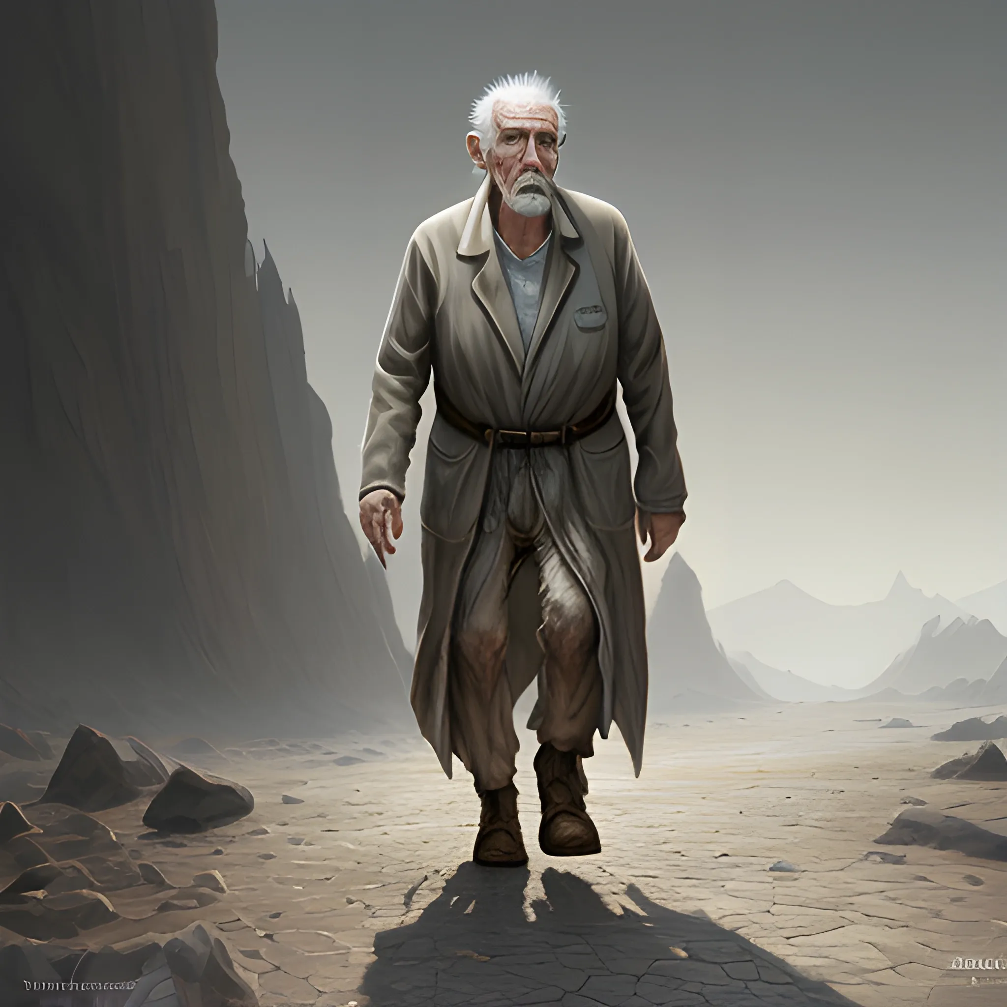 realistic portrait of a frail old man walking on a irregular surface, highly detailed, digital painting, trending on artstation, pixiv, concept art, sharp focus, illustration, art by Dirk Dzimirsky