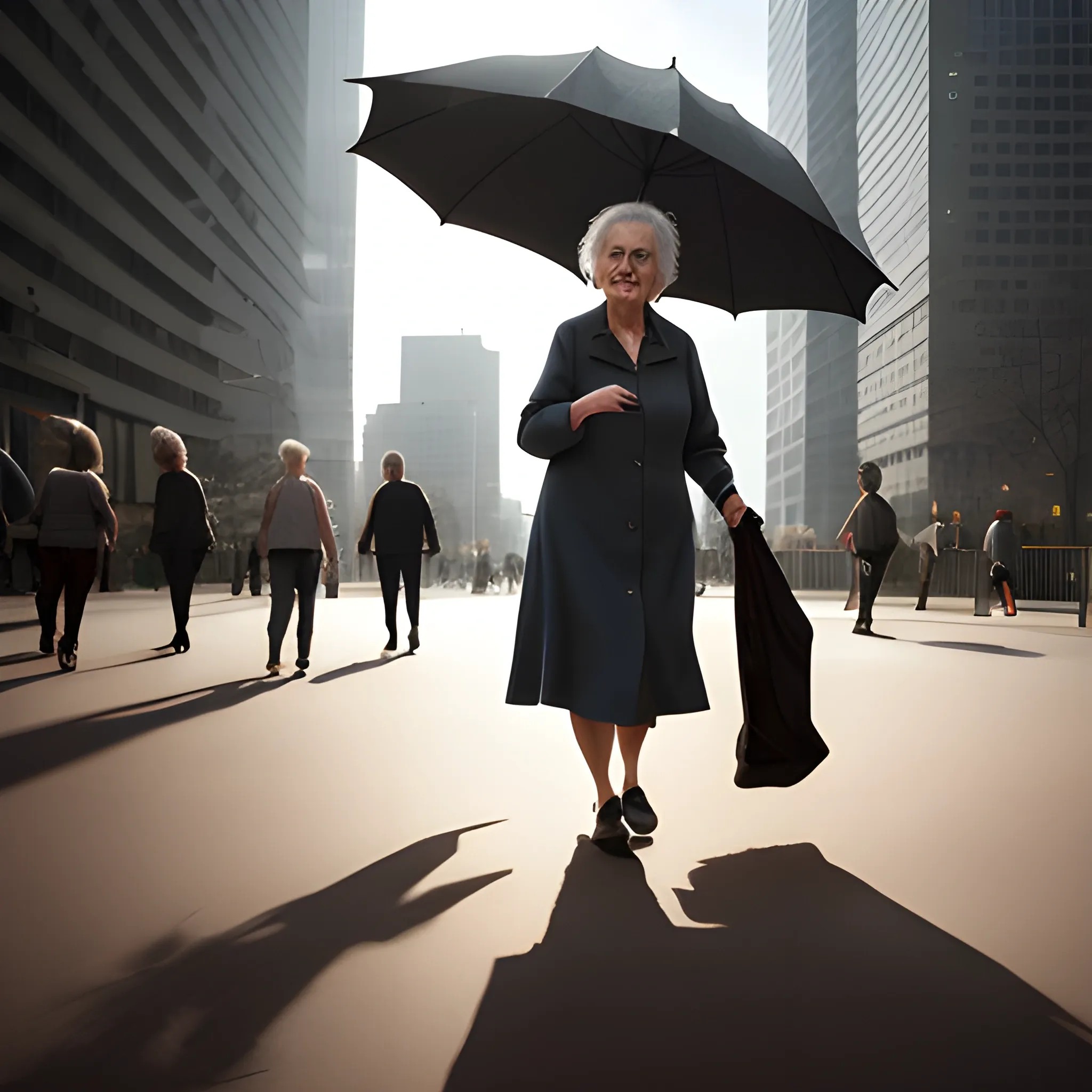 a realistic image of a frail old woman walking in an urban park. Use a Nikon D850 DSLR camera with a 200mm lens at F 1.2 aperture setting to isolate the subject and add a blurred backdrop of skyscrapers. The park should have a busy street and streetlights in the background to add a sense of city life. Use dramatic lighting with sunlight and shadows to create a dynamic image. Photorealistic .