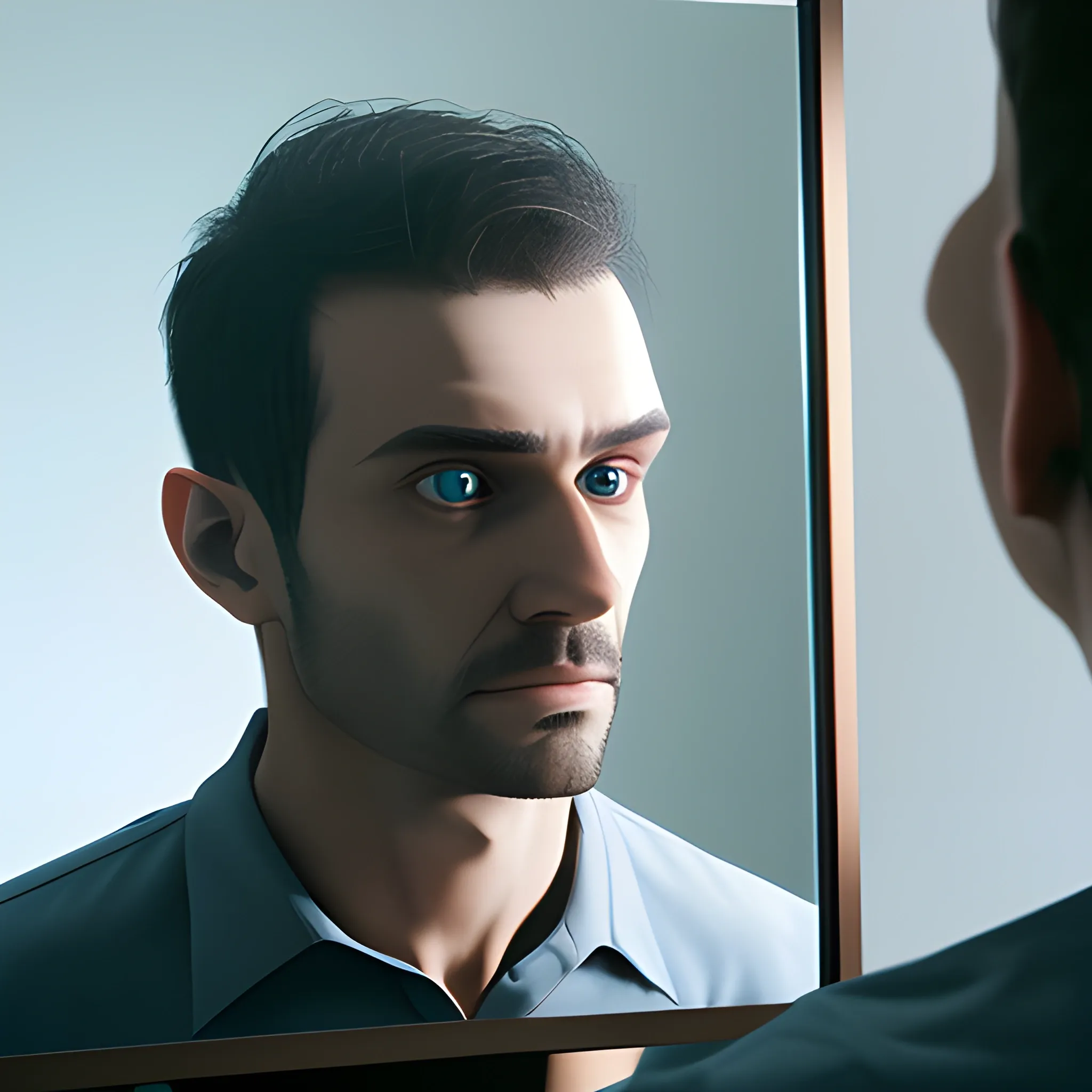 a normal man in a shirt looking into a mirror and sees his own reflection, 3D, Water Color