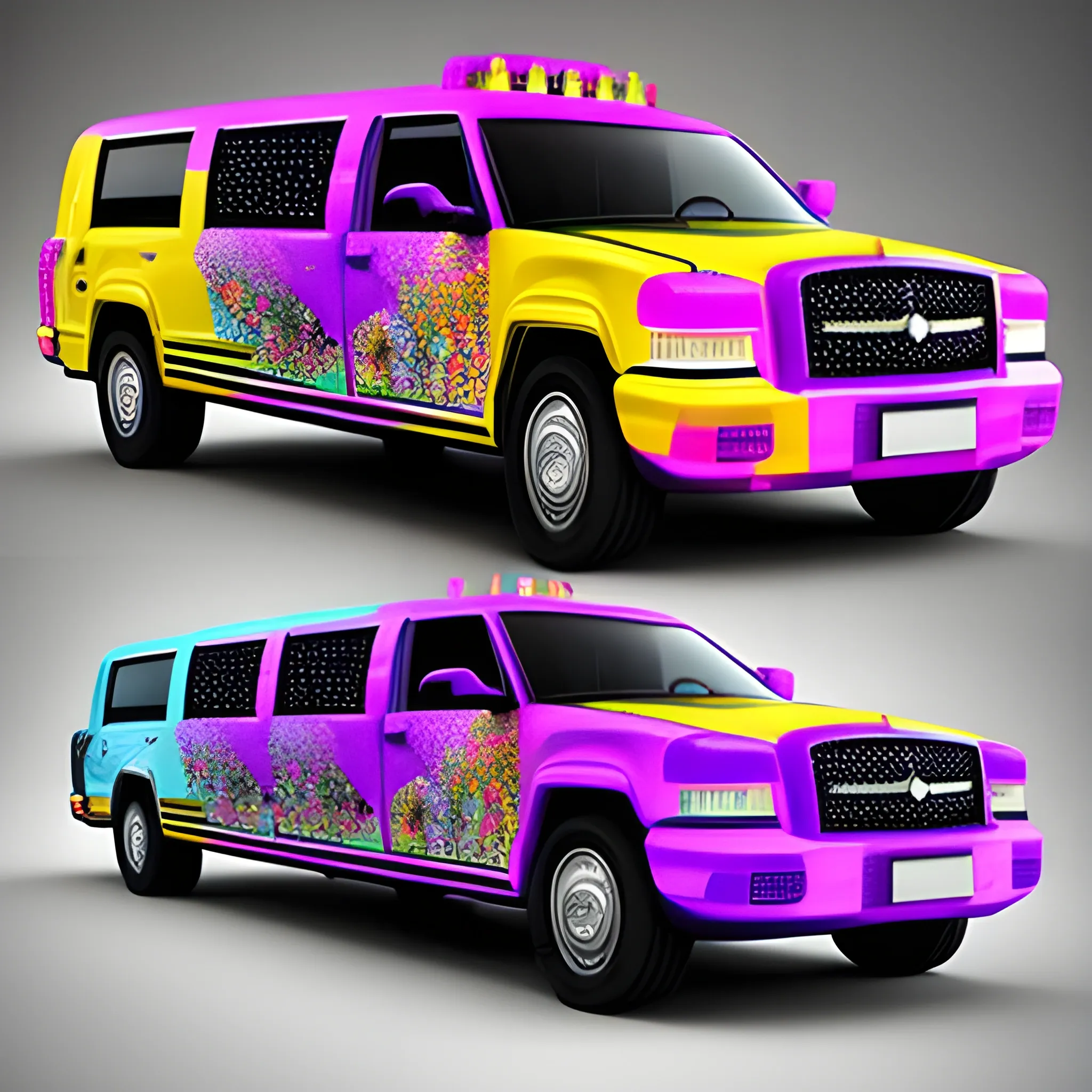 create a fancy, colorful and luxurious limousine truck, Trippy, 3D