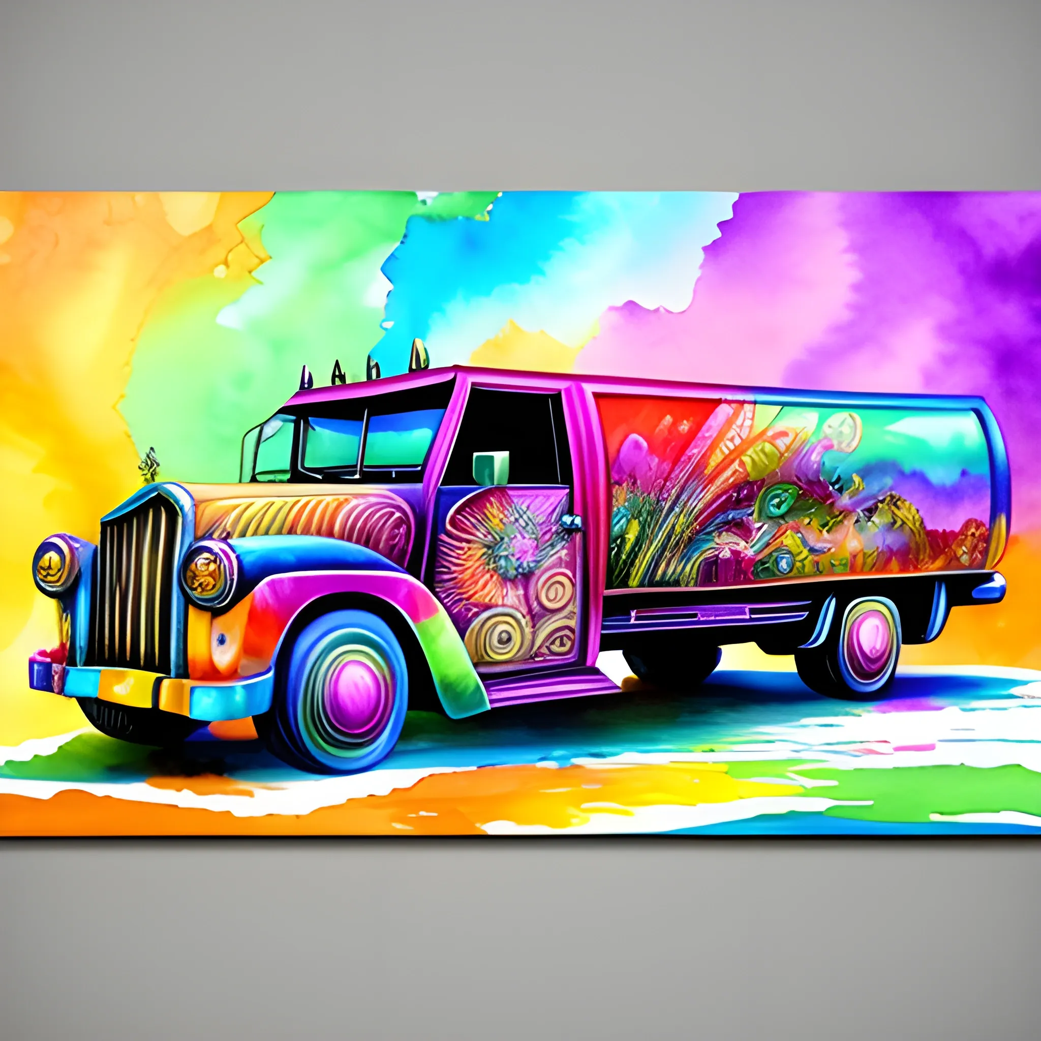 create a fancy, colorful and luxurious limousine truck, Trippy, 3D, Water Color, Oil Painting, Water Color, Trippy, Cartoon