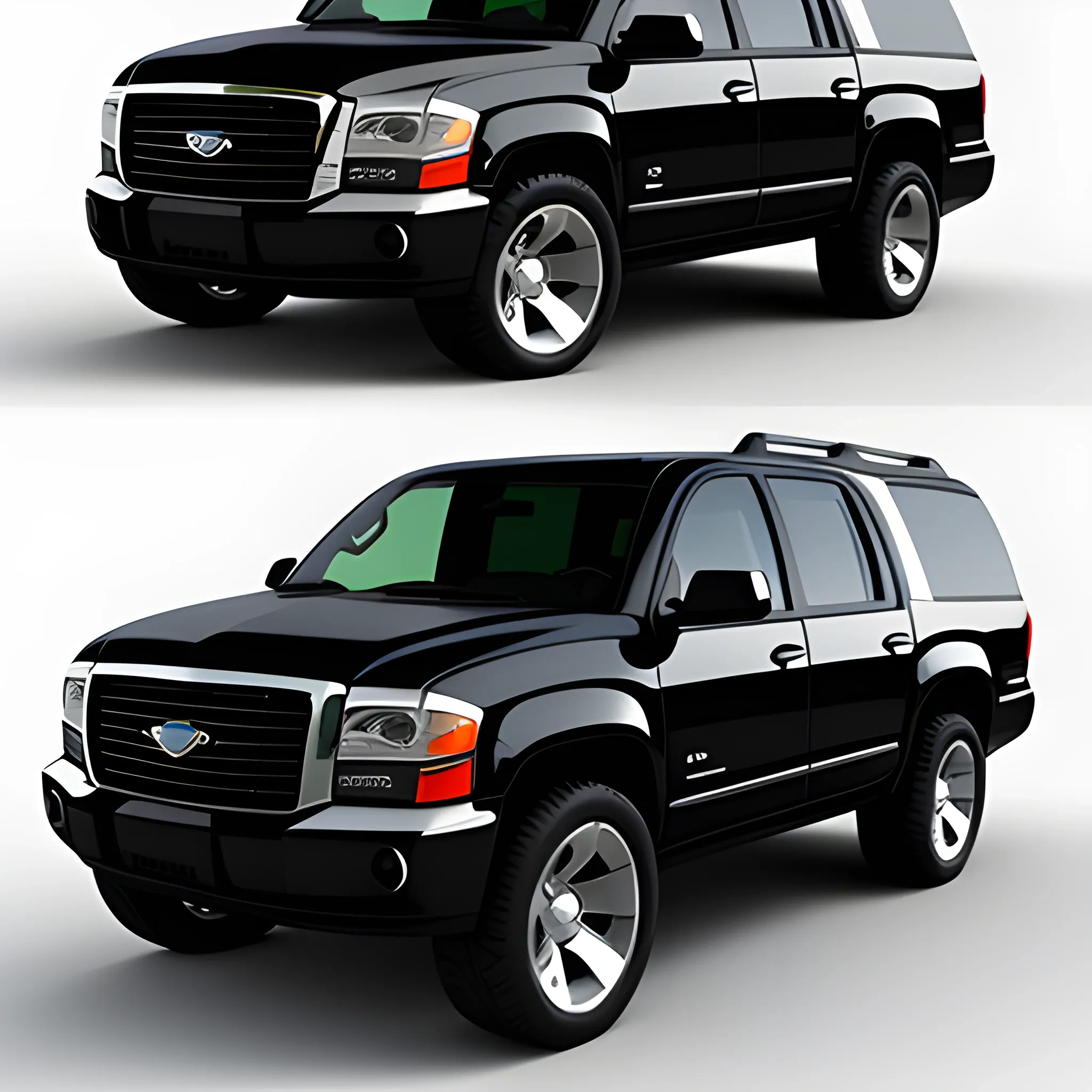 create the front look of a black luxurious suburban utility vehicle, 3D, Cartoon