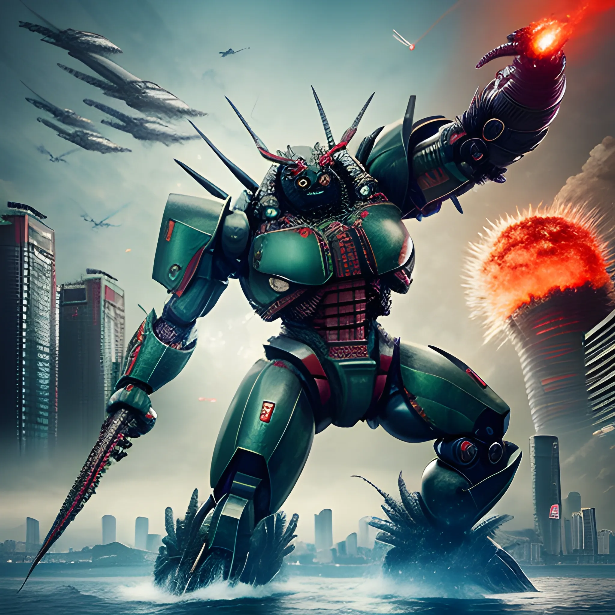 Tokyo，
Mutant lobster，
Monster invasion，
Pacific Rim style，
City destruction，
Kaiju battle，
Tokyo Bay chaos，
Military response，
Giant robots，
Apocalypse threat，
city,
modern