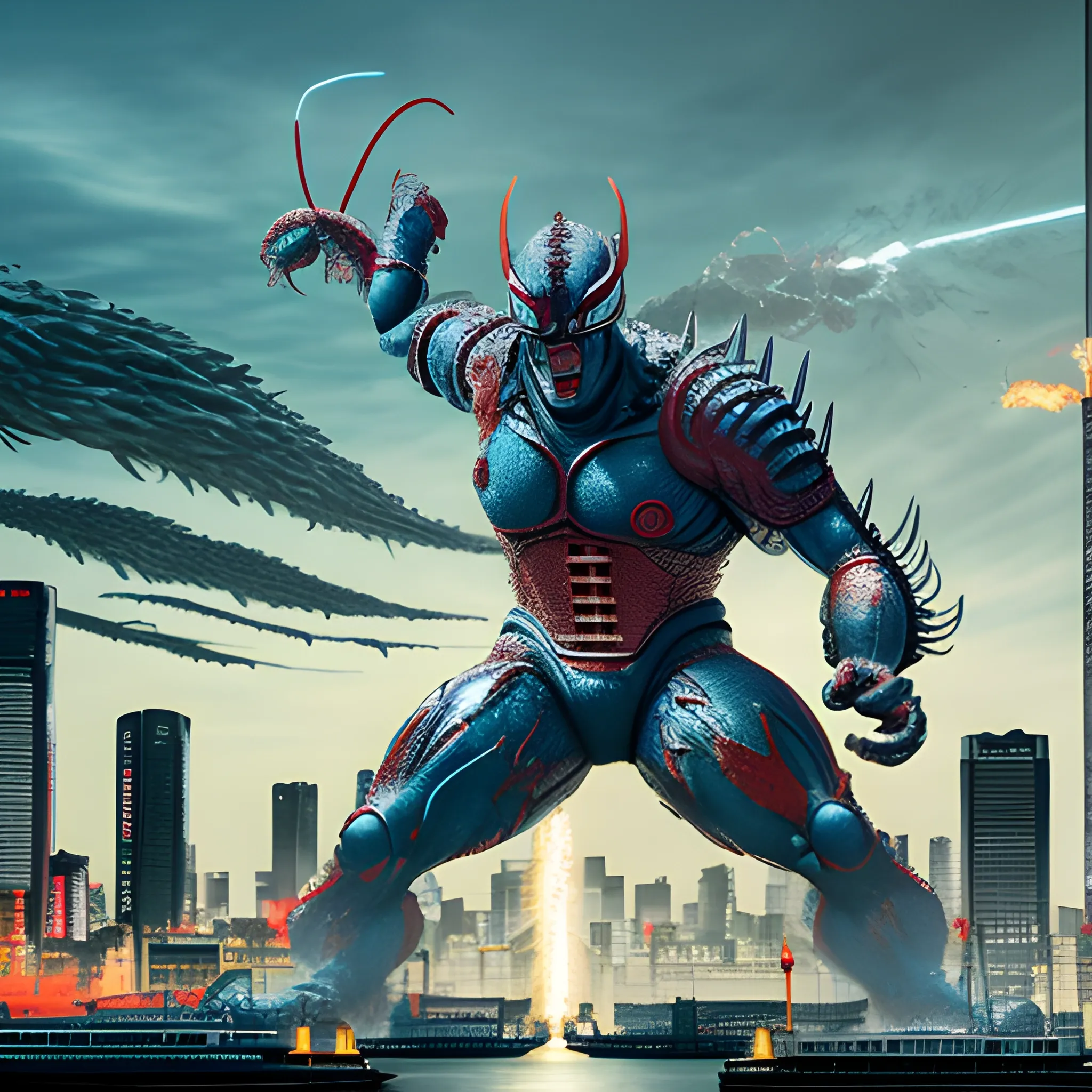 Tokyo invasion
Mutant lobster monster
Ultraman Tiga
Battle of titans
Radioactive mutation
Cityscape destruction
Radiation symbol
Giant kaiju fight
Heroic showdown
Tokyo Bay chaos