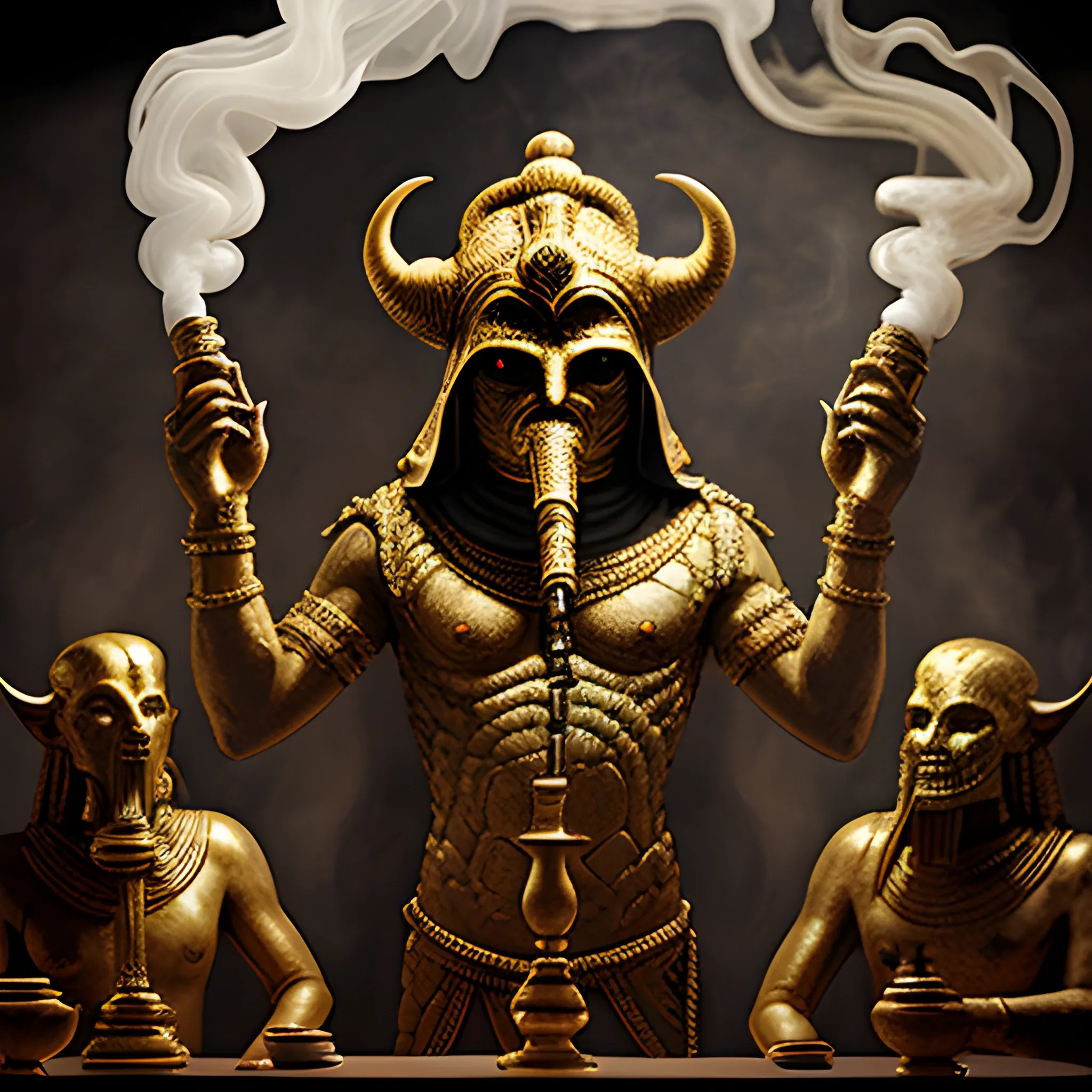 wide shot of faceless shrouded Mesopotamian demon with eight human arms and a golden head-dress, smoking an obsidian hookah, in a dark hall, Water Color