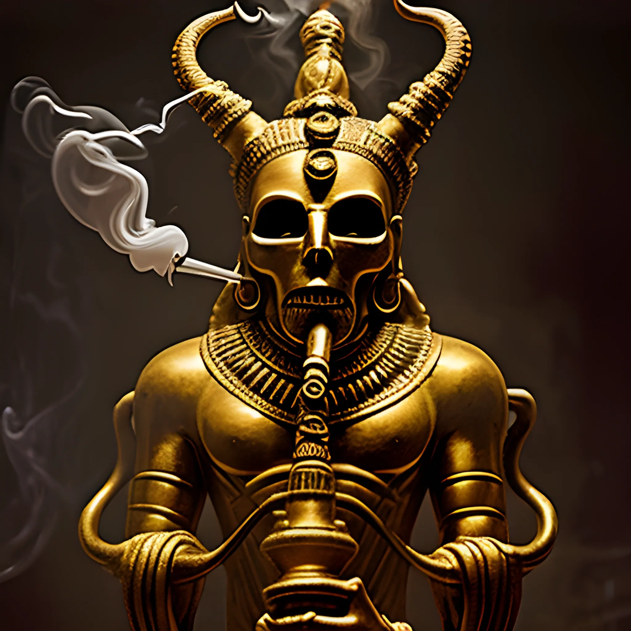 wide shot of faceless shrouded Mesopotamian demon with eight human arms and a golden head-dress, smoking an obsidian hookah, in a dark hall, Water Color

