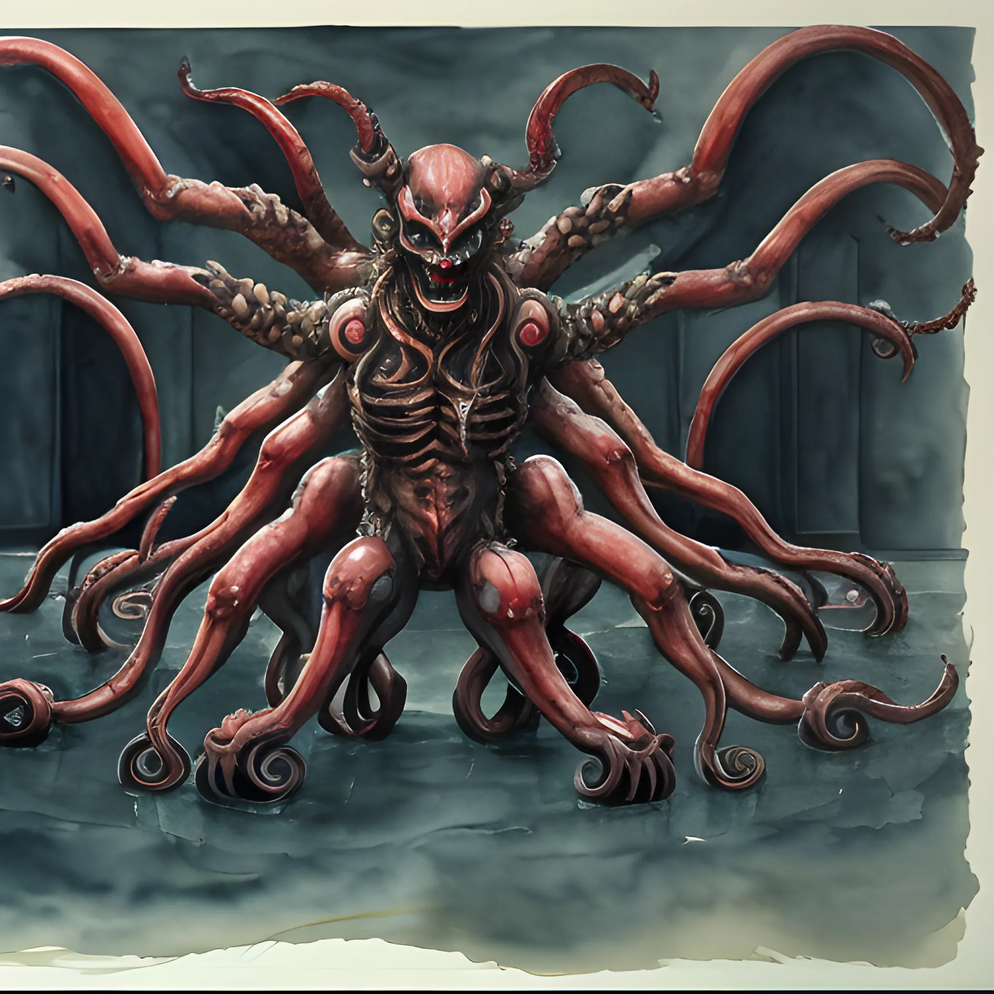 wide shot of demon with eight arms, in a dark hall, Water Color

