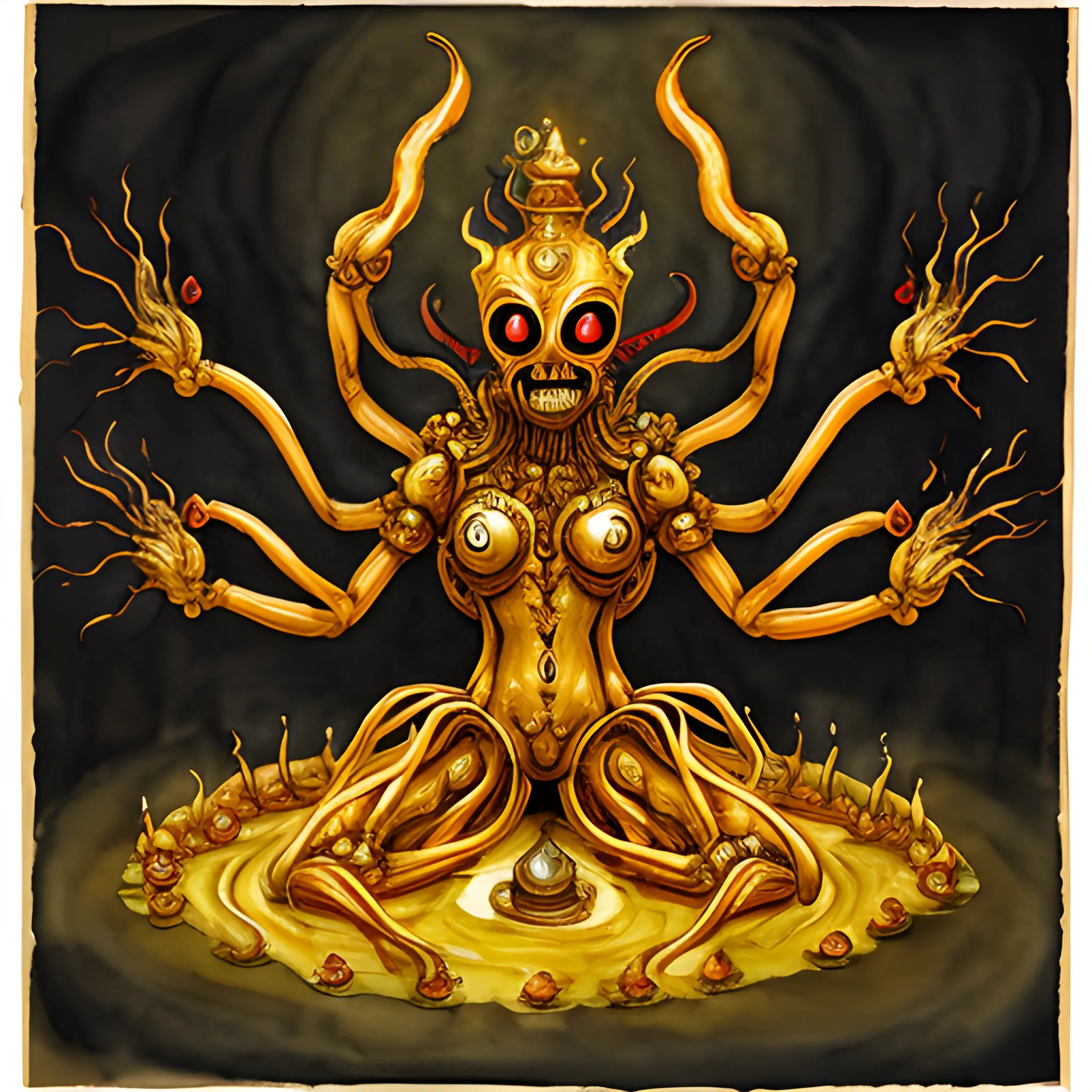 wide shot of faceless demon with eight arms and a golden head-dress, in a dark hall, Water Color

