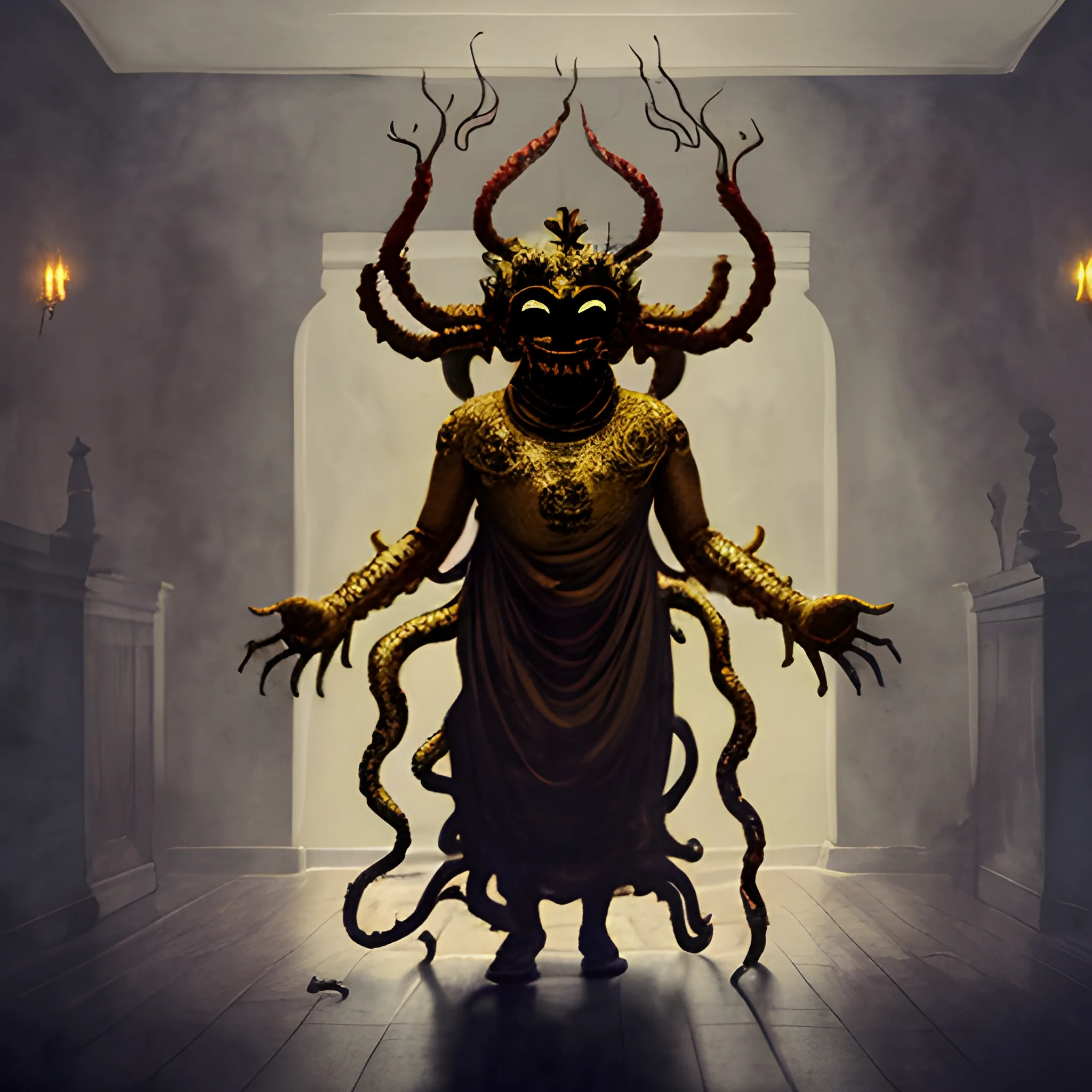 wide shot of faceless demon with eight arms and a golden head-dress, in a dark hall, Water Color

