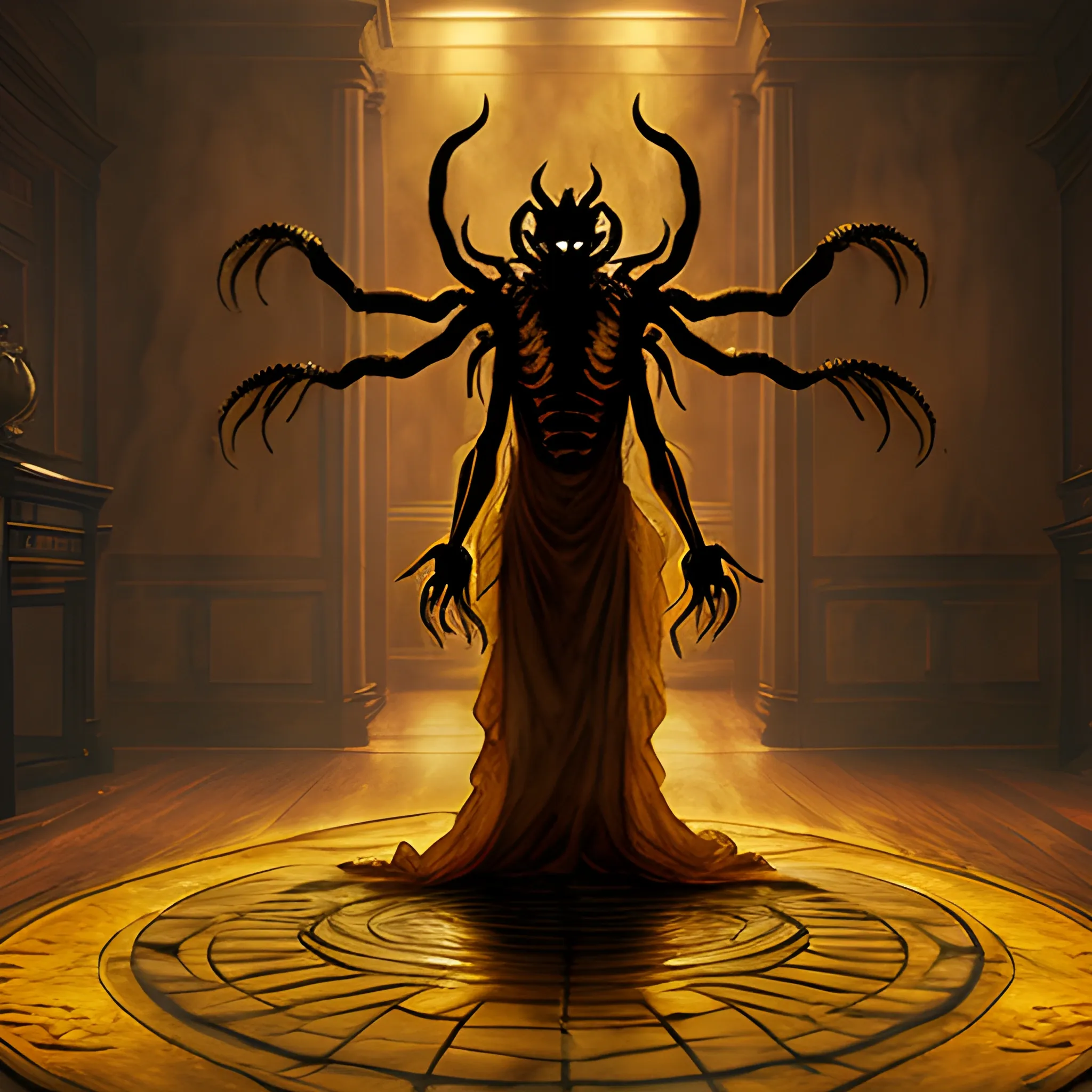 wide shot of faceless demon with eight arms and a golden head-dress, in a dark hall, Water Color

