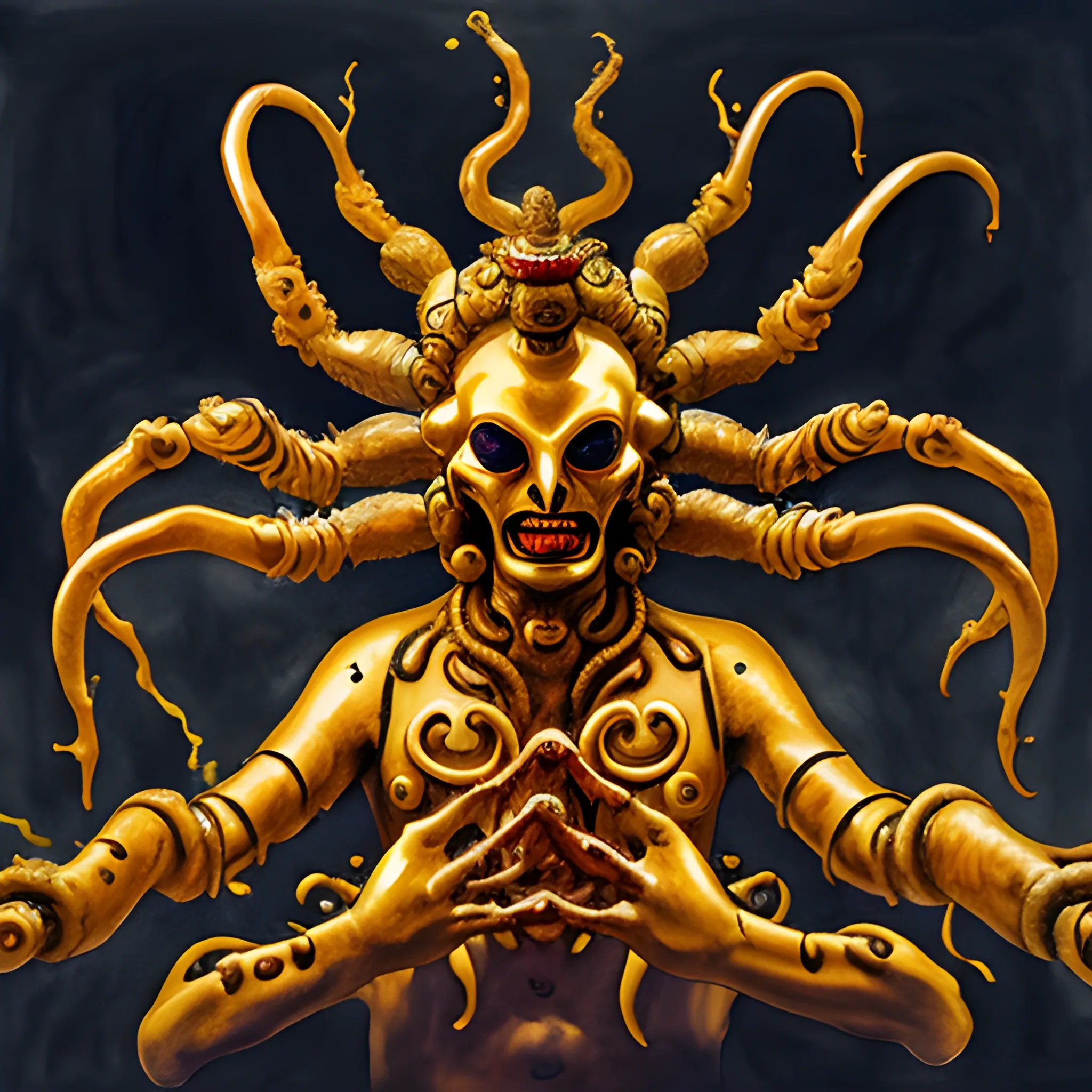 wide shot of faceless demon with eight arms and a golden head-dress, in a dark hall, Water Color

