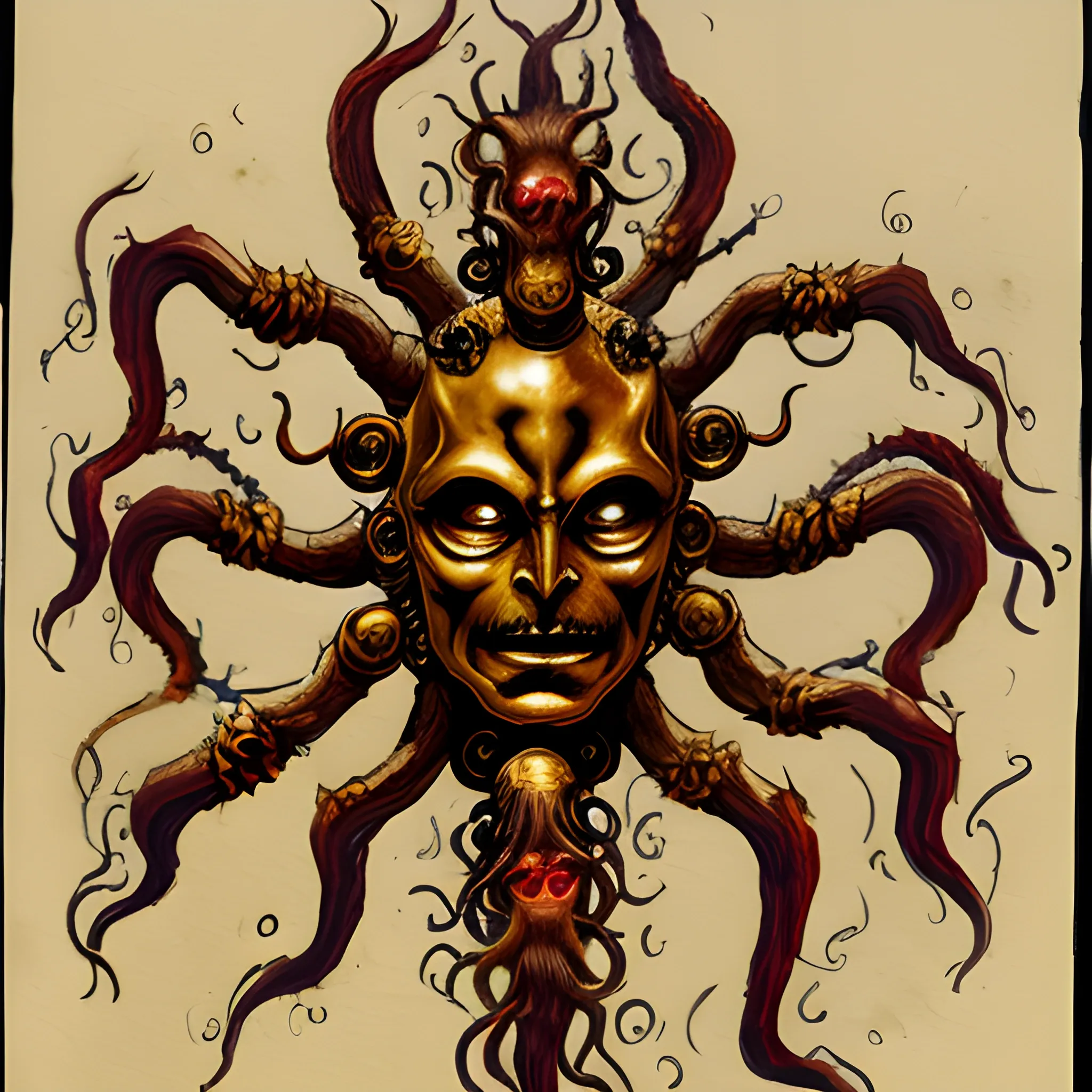 wide shot of faceless demon with eight arms and a golden head-dress, in a dark hall, Water Color

