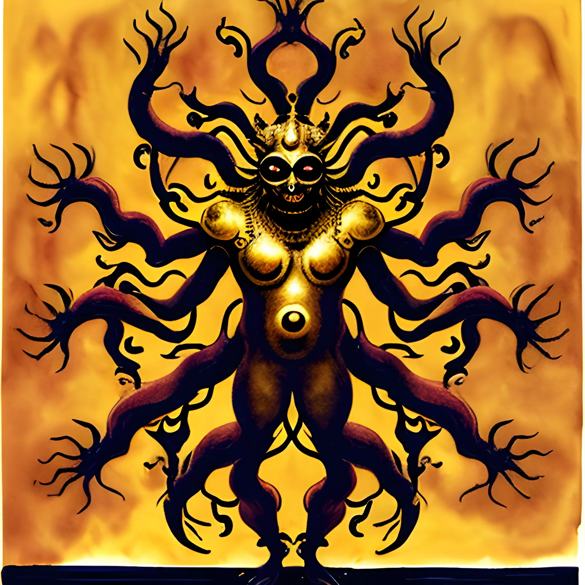 wide shot of faceless demon with eight arms and a golden head-dress, in a dark hall, Water Color

