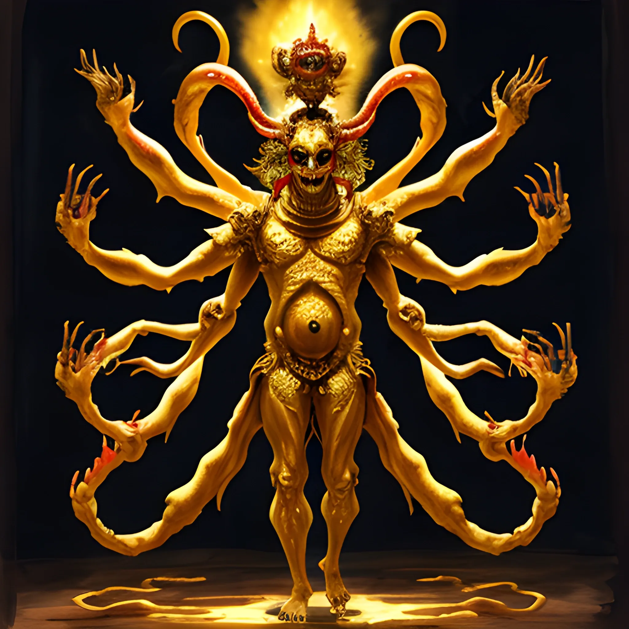 wide shot of faceless male demon with eight arms and a golden head-dress, in a dark hall, Water Color

