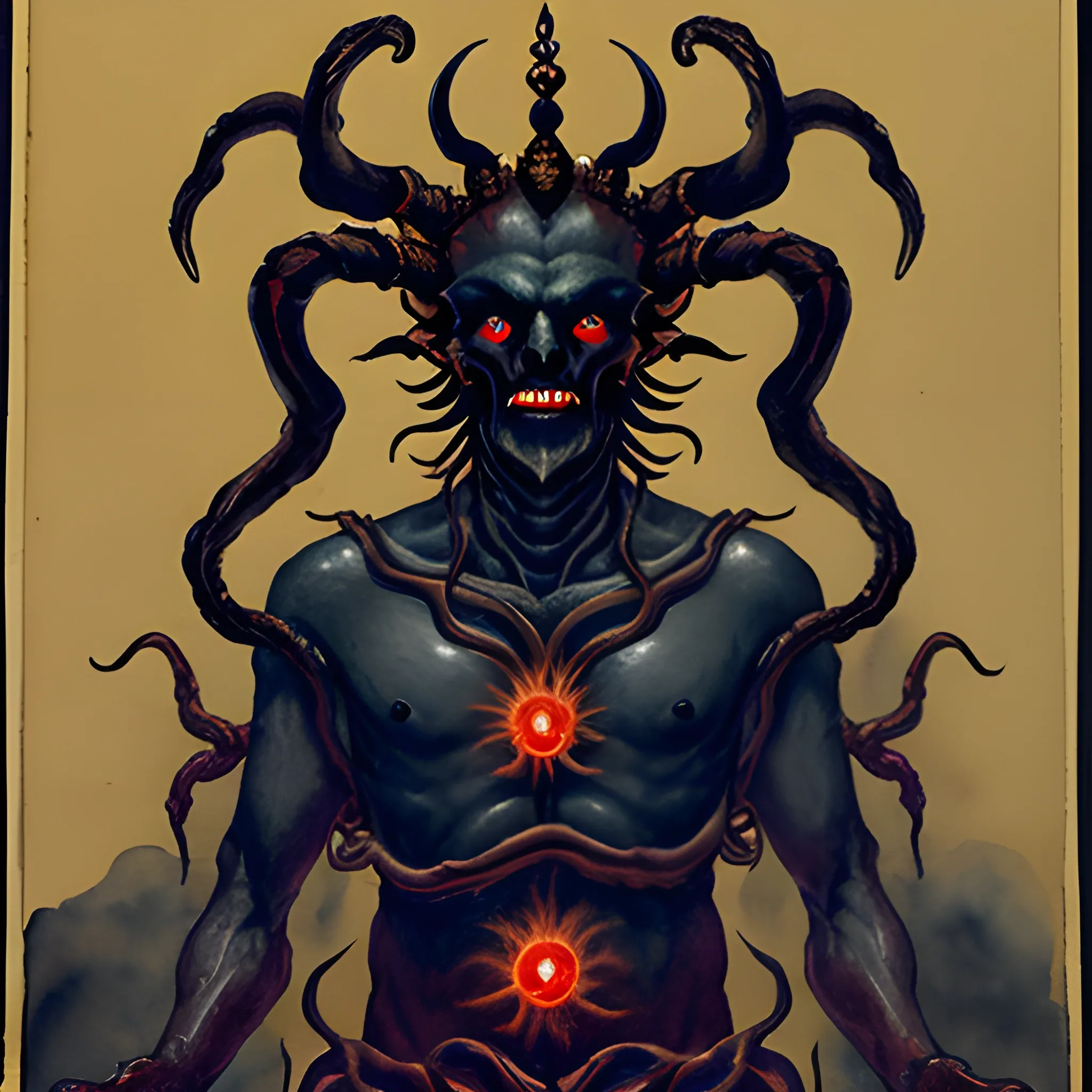 wide shot of faceless male demon with eight arms and a golden head-dress, in a dark hall, Water Color

