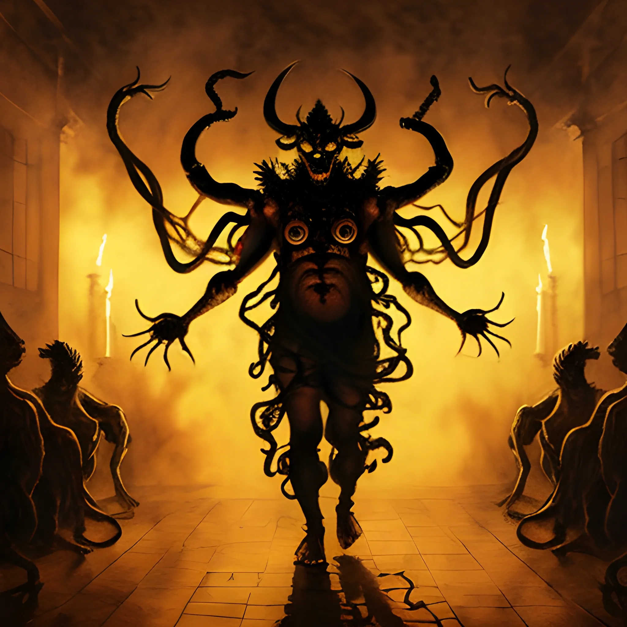 Wide Shot Of Faceless Male Demon With Eight Arms And A Golden He Arthubai