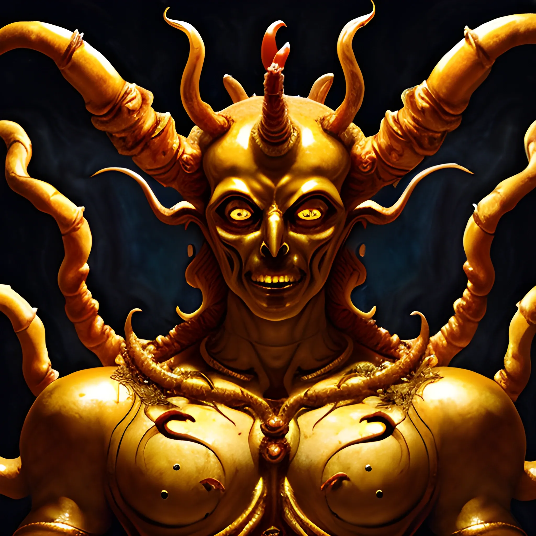 wide shot of faceless male demon with eight arms and a golden head-dress, in a dark hall, Water Color

